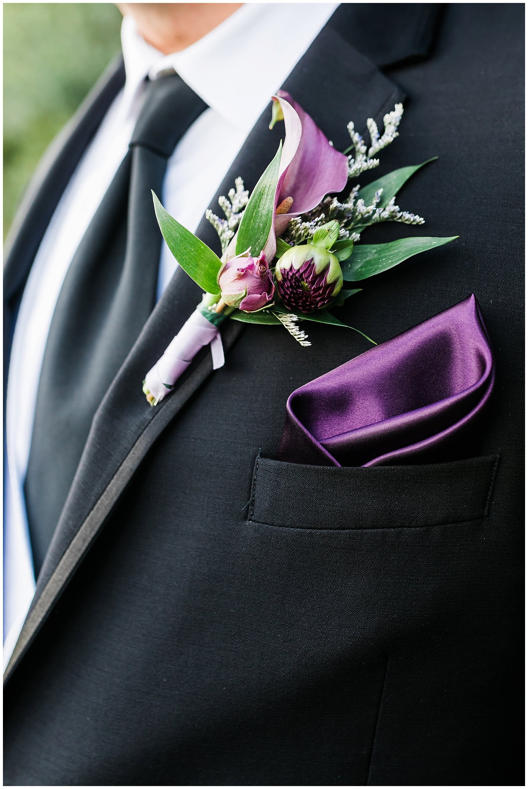  close up of groom’s tux and pocket square 
