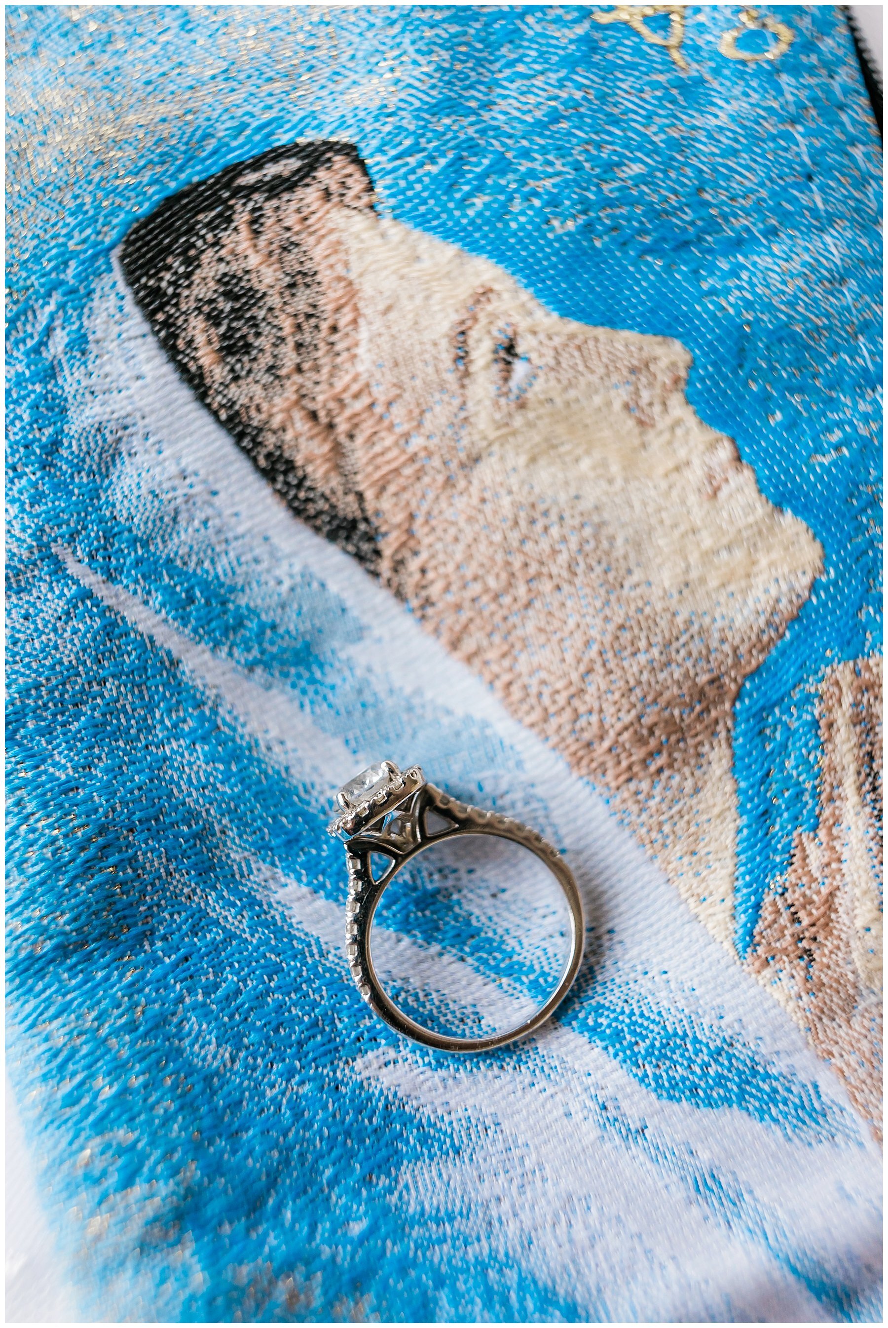  engagement ring on a watercolor print 