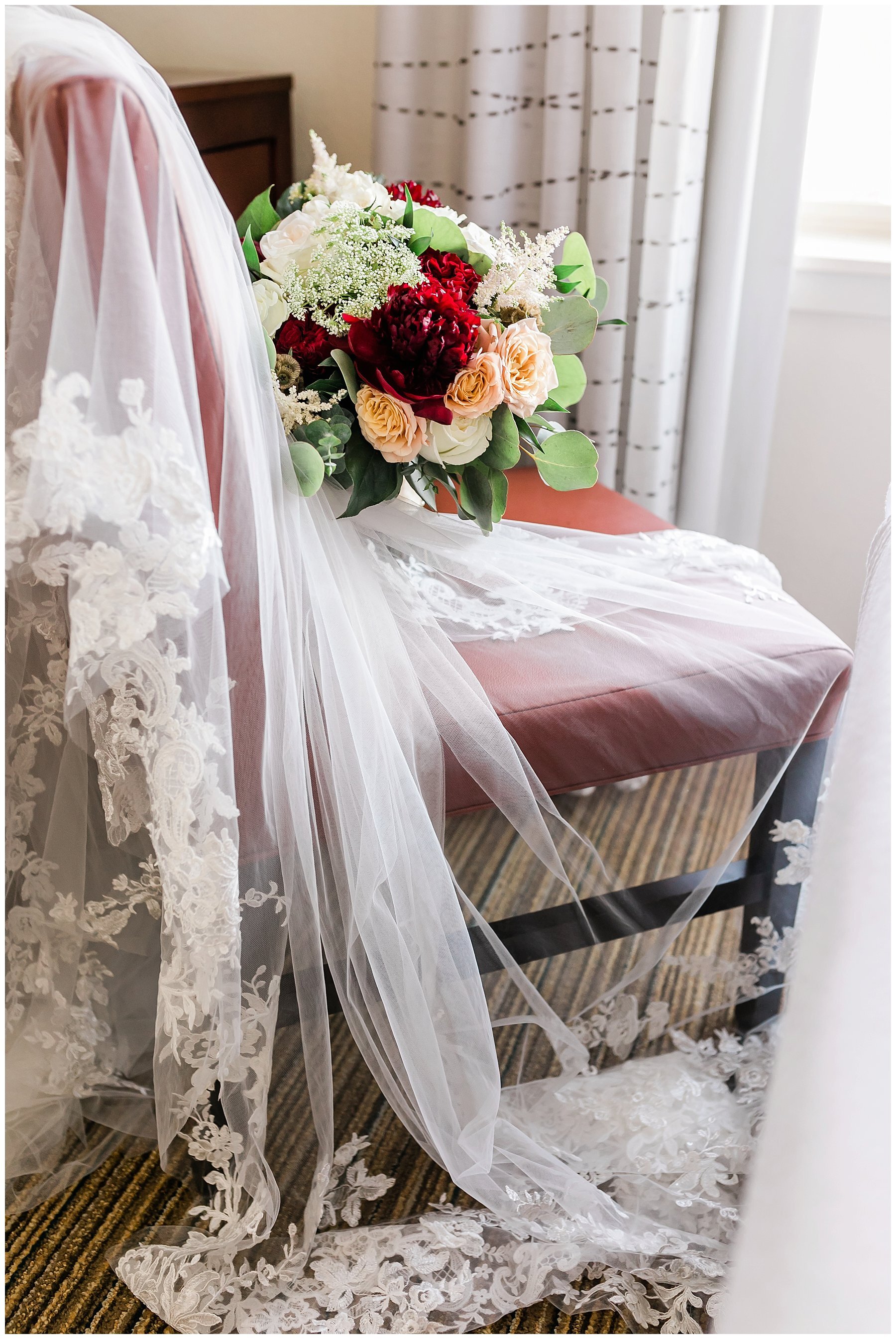  wedding veil and bouquet draped  