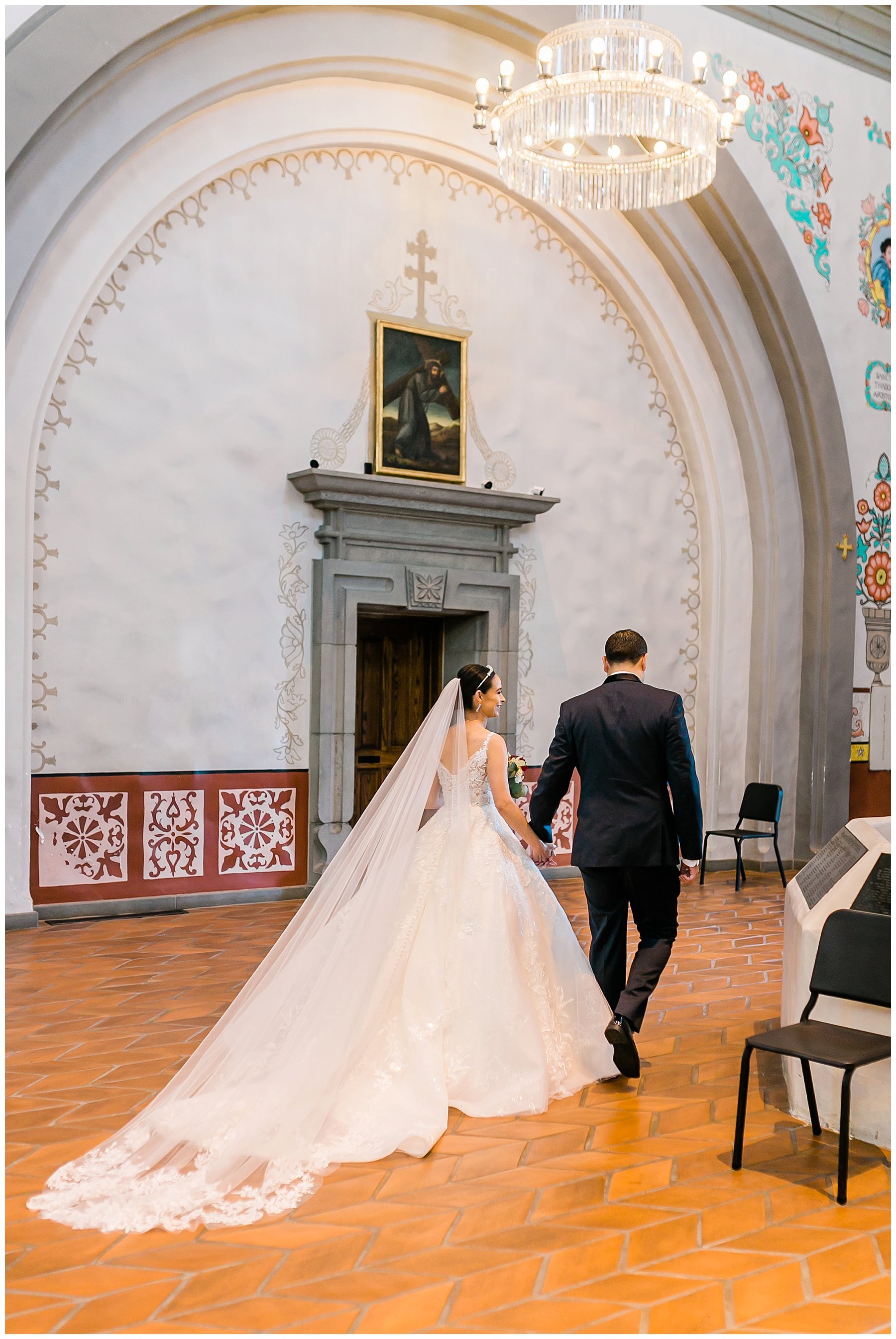  bride and groom walking in the church 