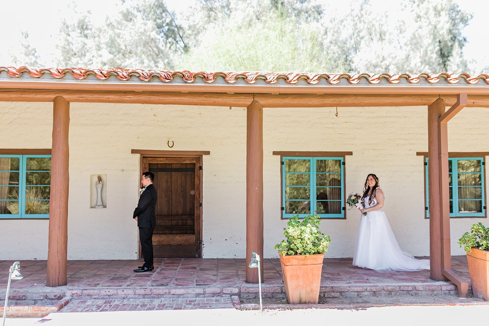 Wedding day first look at Tesoro Adobe Historic Park in Santa Clarita