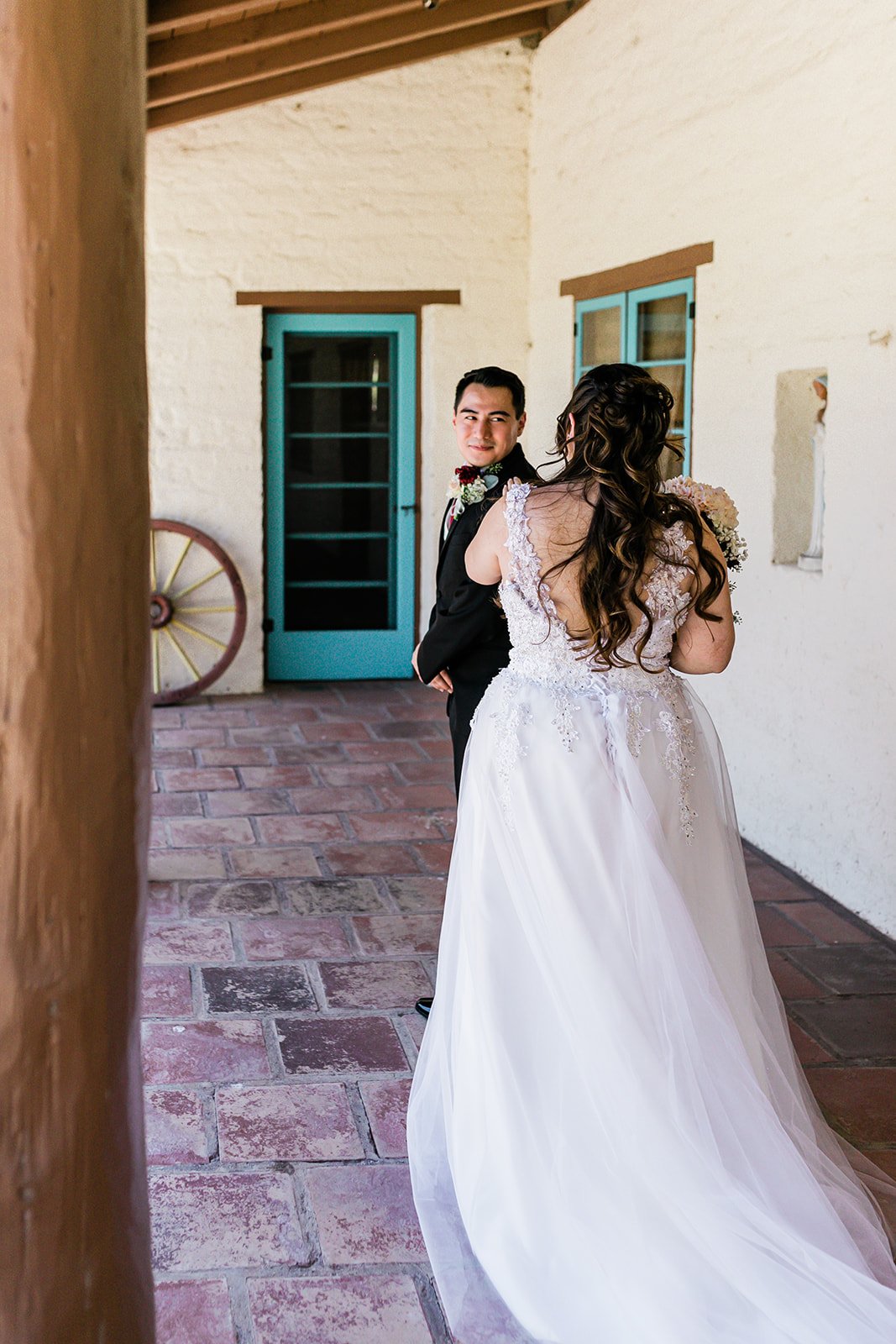 Wedding day first look at Tesoro Adobe Historic Park in Santa Clarita