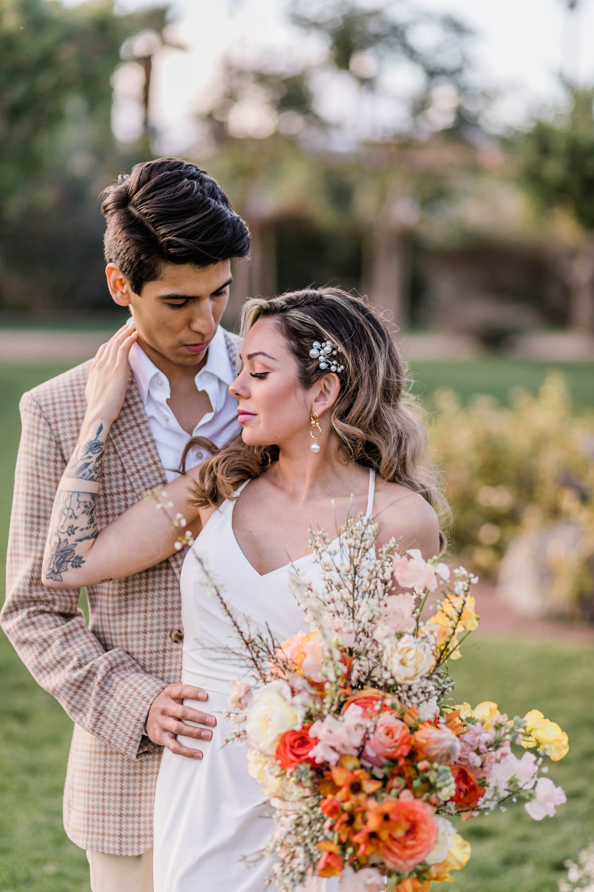 Romantic portrait session at Palm Springs wedding ceremony at Bougainvillea Estate. Lakeside Palm Springs wedding location Bougainvillea Estate. 