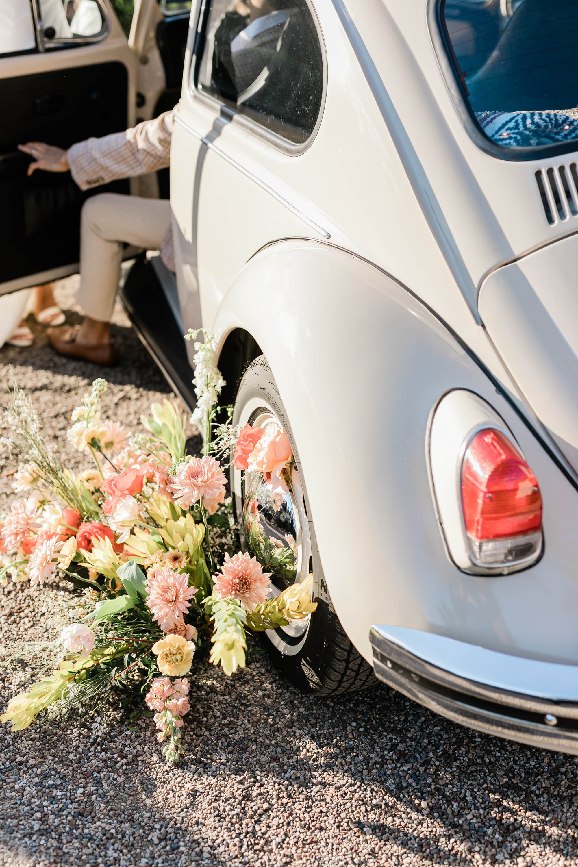 Retro bride and groom portraits with vintage vw bug at Palm Springs wedding location Bougainvillea Estate.