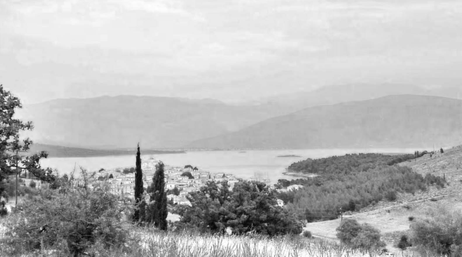 Black and white photo of a lake surrounded by hills with trees and houses in the foreground.
