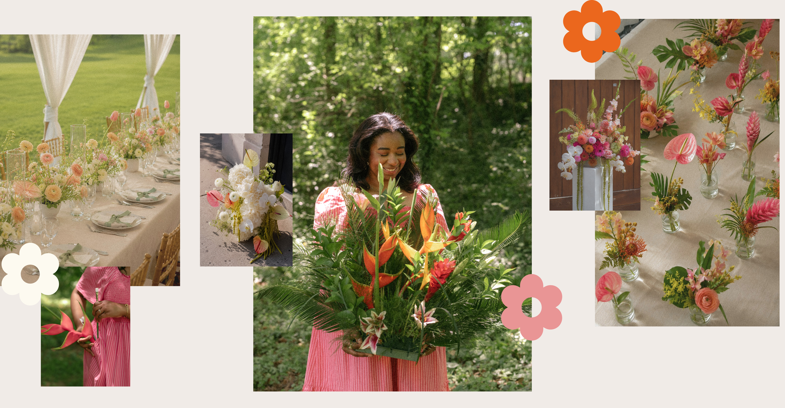 Collage of images showing floral arrangements, a woman holding flowers, and a decorated outdoor table with flowers, set in a garden or outdoor setting.