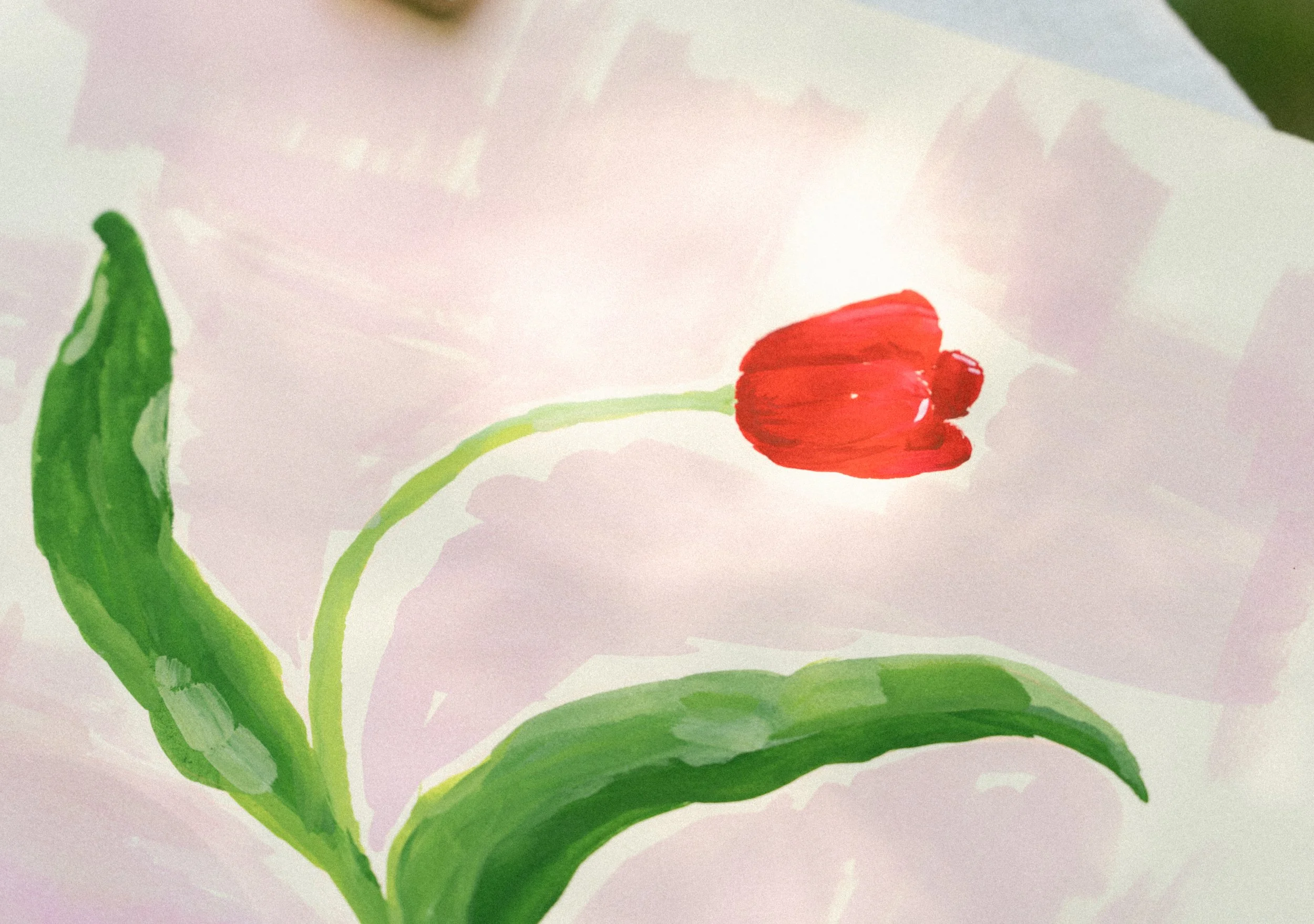 A watercolor painting of a red flower with green leaves on a light background.