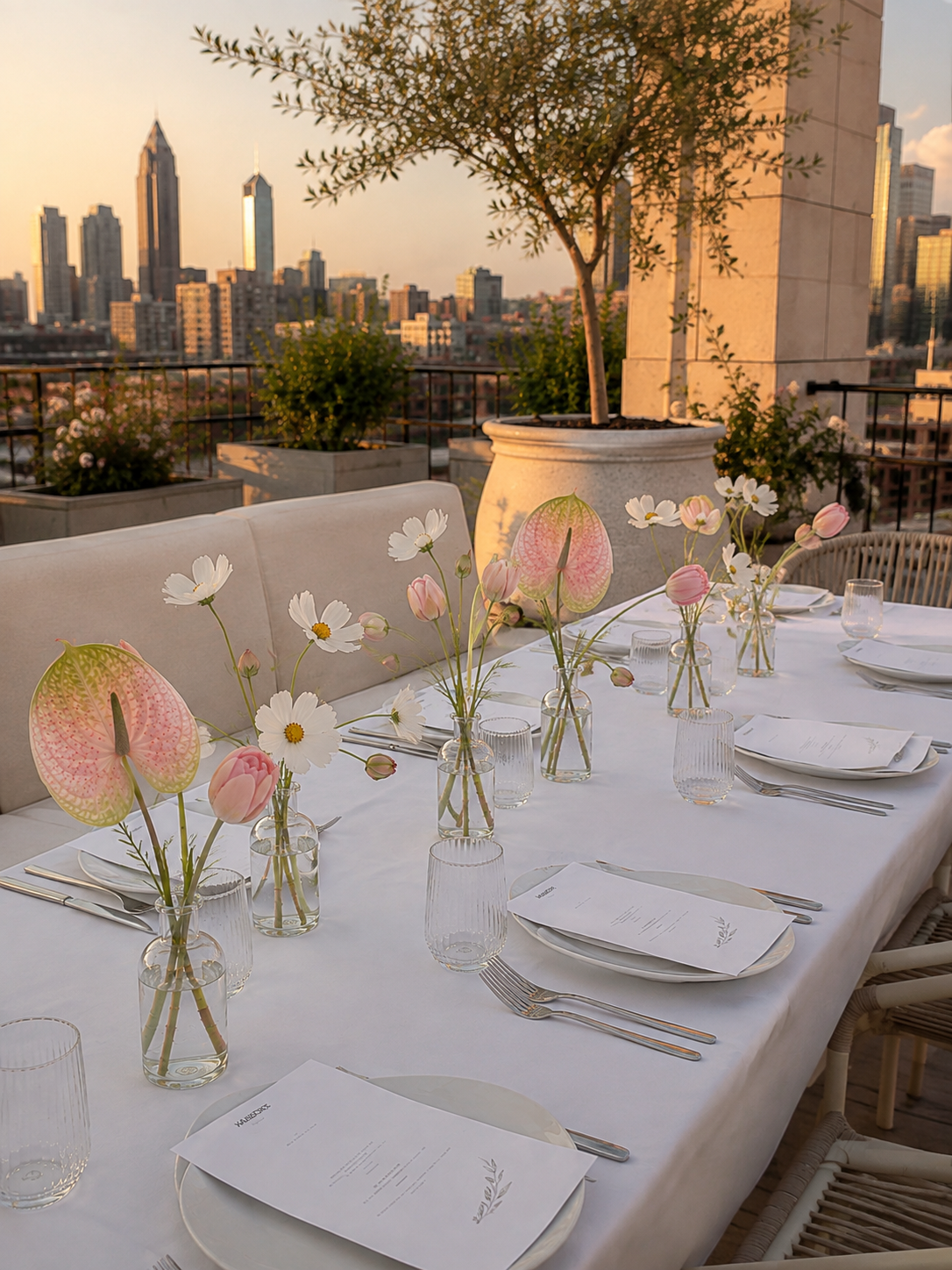 An outdoor rooftop dining table set for a meal with white plates, silverware, and menus. The table has clear glass vases with pink anthuriums, white daisies, and pink tulips. In the background, there are potted plants, a city skyline with tall buildings, and a sunset sky.