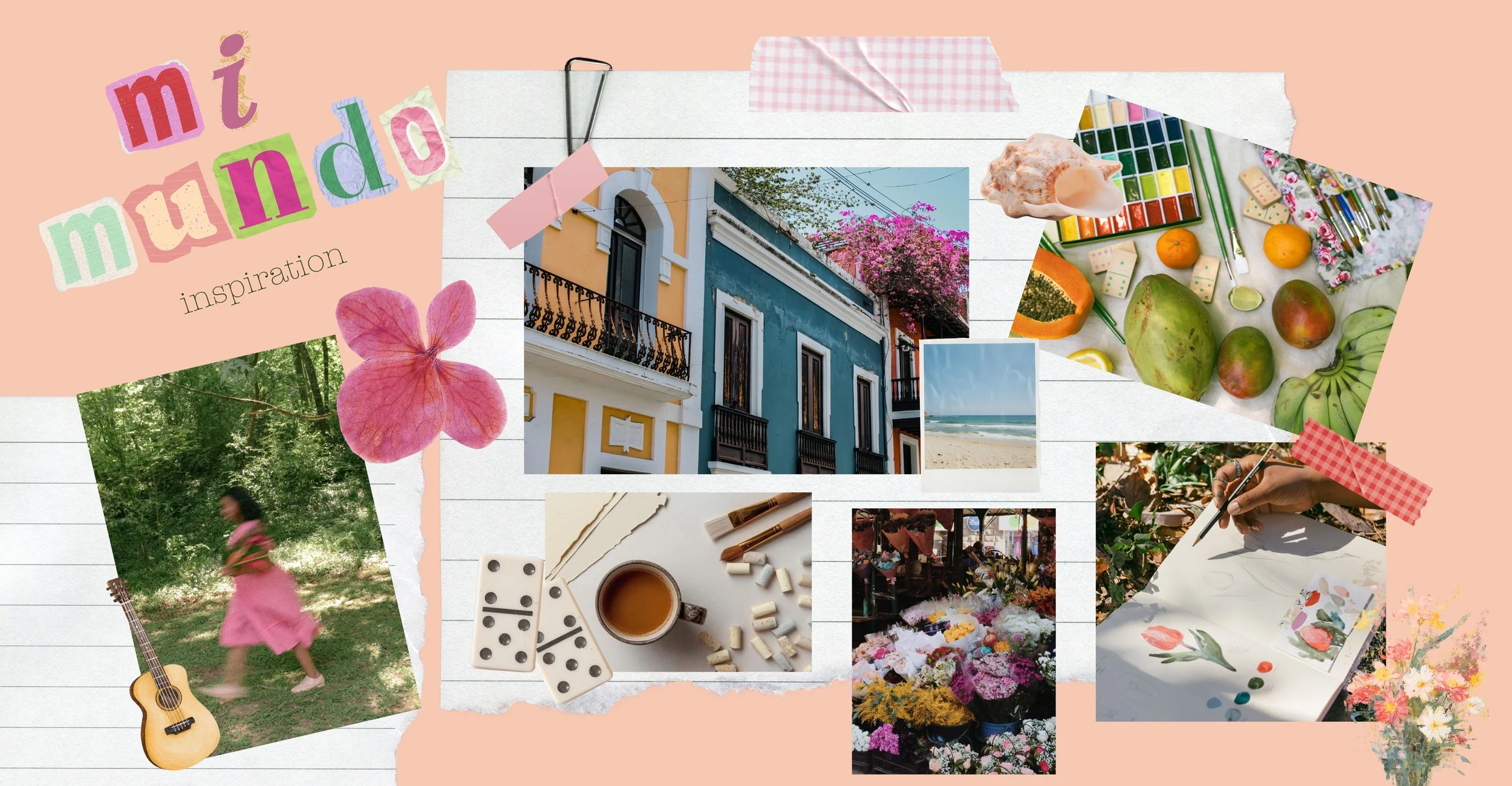 Collage of colorful images including a woman in a pink dress walking in a park, a yellow guitar, dominoes and a cup of tea, a colorful house, a beach scene, a artist painting flowers, a flower market, and various flowers, art supplies, and natural sc