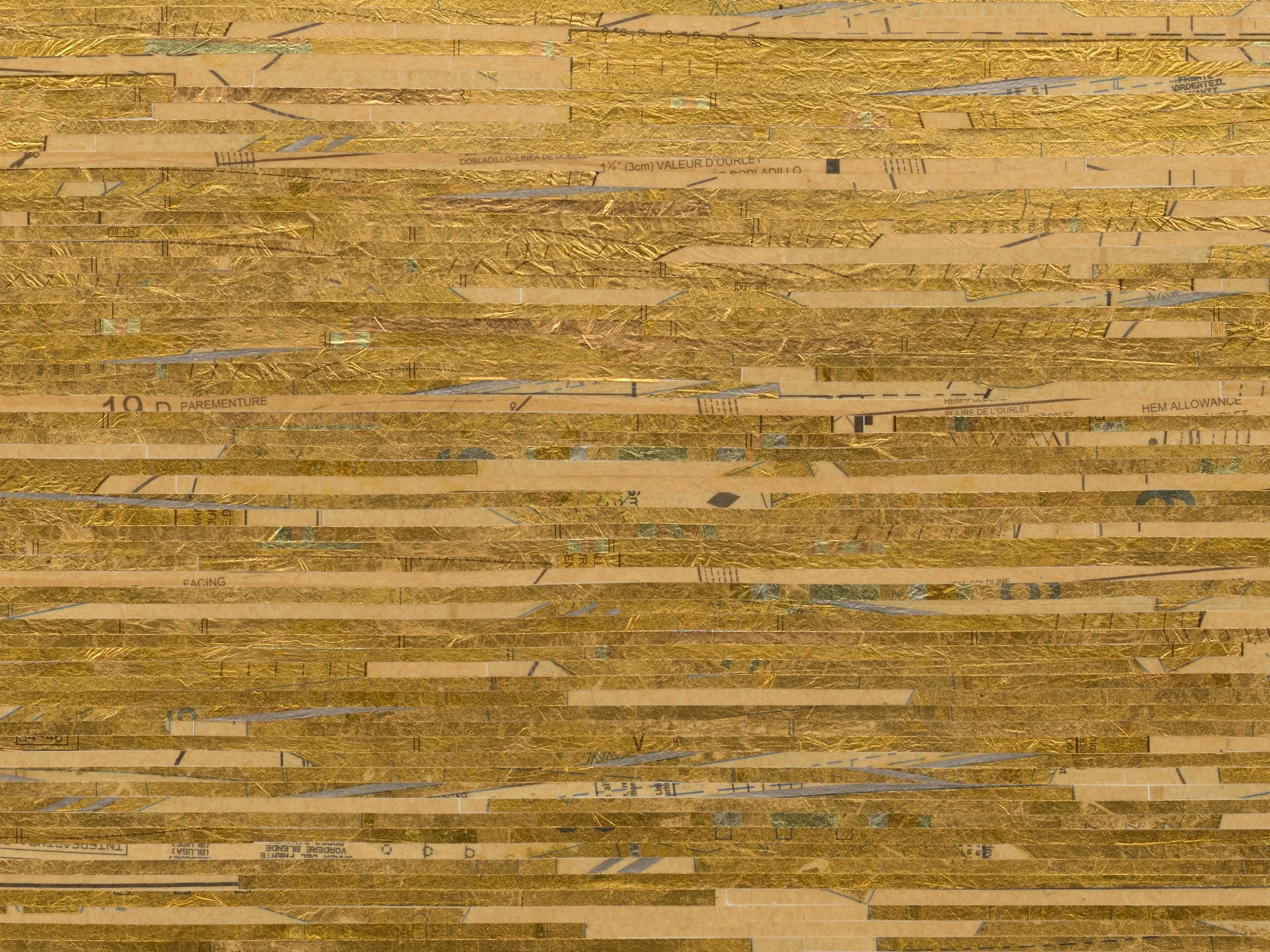 Detail view:  lost and won,  2022, pattern paper, gold leaf, and palladium on paper, 28.125 x 70 in (71.4 x 177.8 cm), 32 x 74 x 2 in framed (81.3 x 188 x 5.1 cm framed).