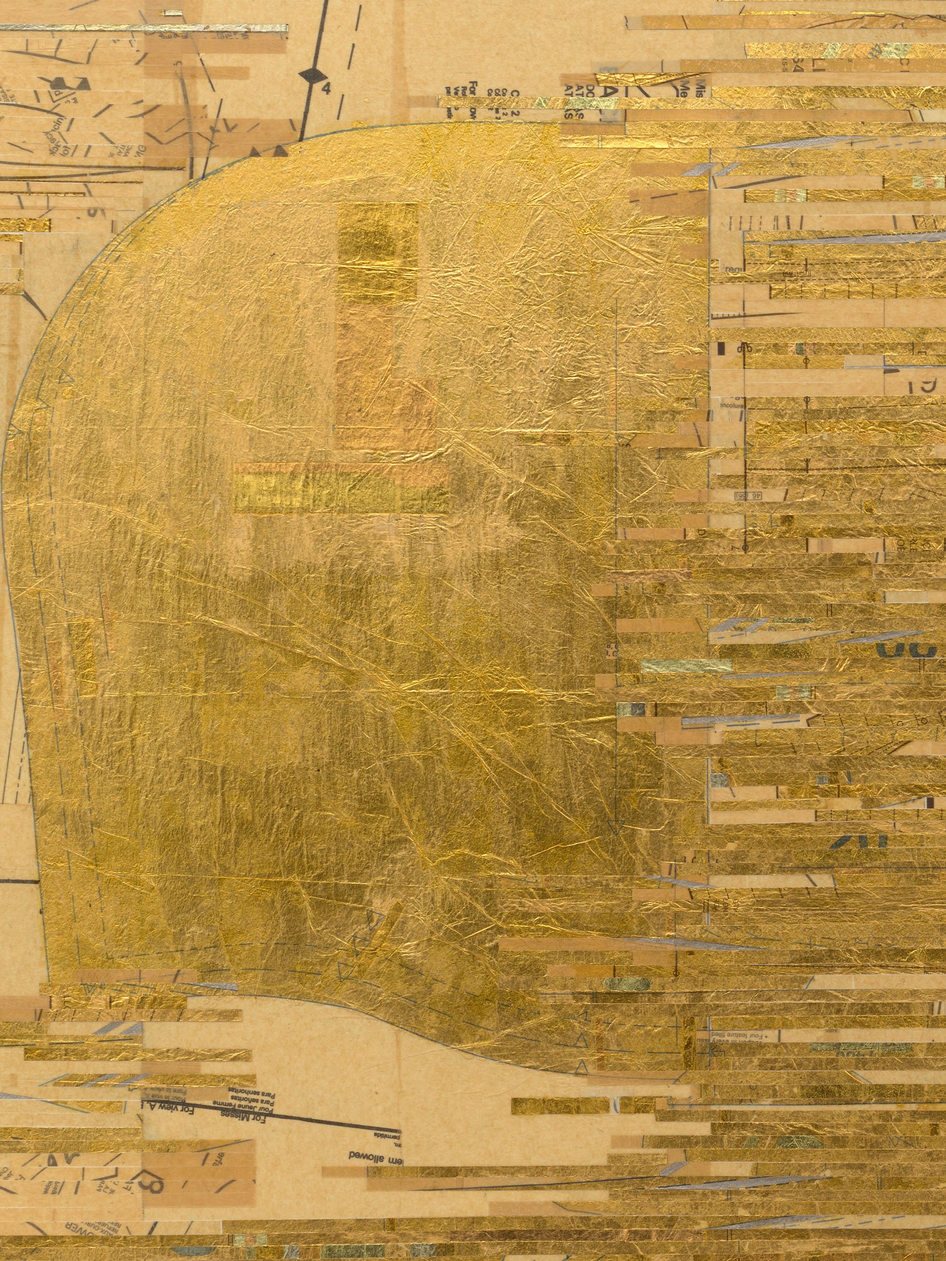 Detail view:  lost and won,  2022, pattern paper, gold leaf, and palladium on paper, 28.125 x 70 in (71.4 x 177.8 cm), 32 x 74 x 2 in framed (81.3 x 188 x 5.1 cm framed).