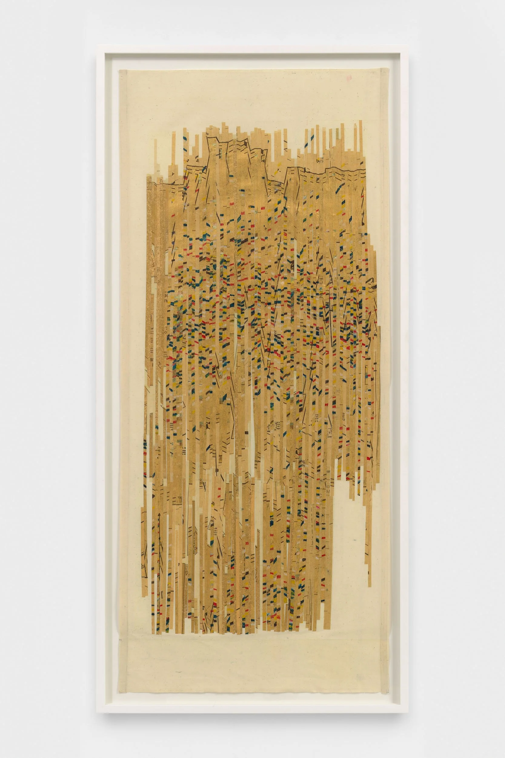 37th between 6th and 7th,  2022, pattern paper, mylar, gold leaf, and wax on unstretched muslin, 47.875 x 20.625 in (121.6 x 52.4 cm), 51.25 x 23.875 x 1.75 in framed (130.2 x 60.6 x 4.4 cm framed).