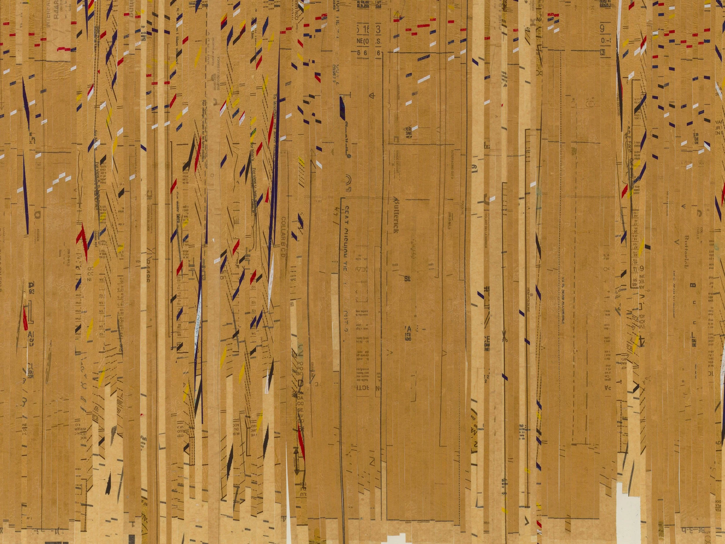 Detail view:  ch'ixi quipu (beginning again),  2022, pattern paper, screen print, and gold leaf on paper, 61.75 x 48.25 x 2 in framed (156.8 x 122.6 x 5.1 cm framed).