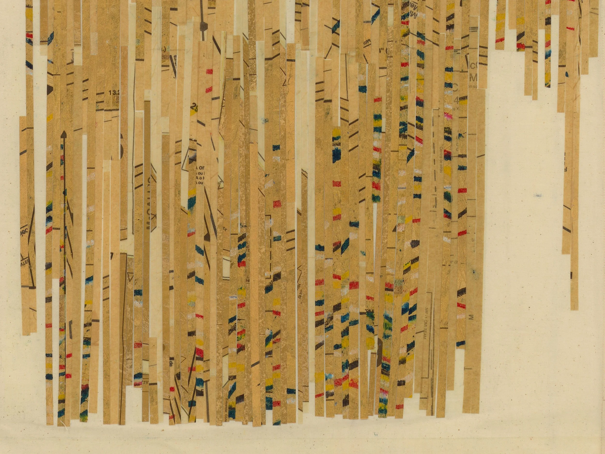 Detail view:  37th between 6th and 7th,  2022, pattern paper, mylar, gold leaf, and wax on unstretched muslin, 47.875 x 20.625 in (121.6 x 52.4 cm), 51.25 x 23.875 x 1.75 in framed (130.2 x 60.6 x 4.4 cm framed).