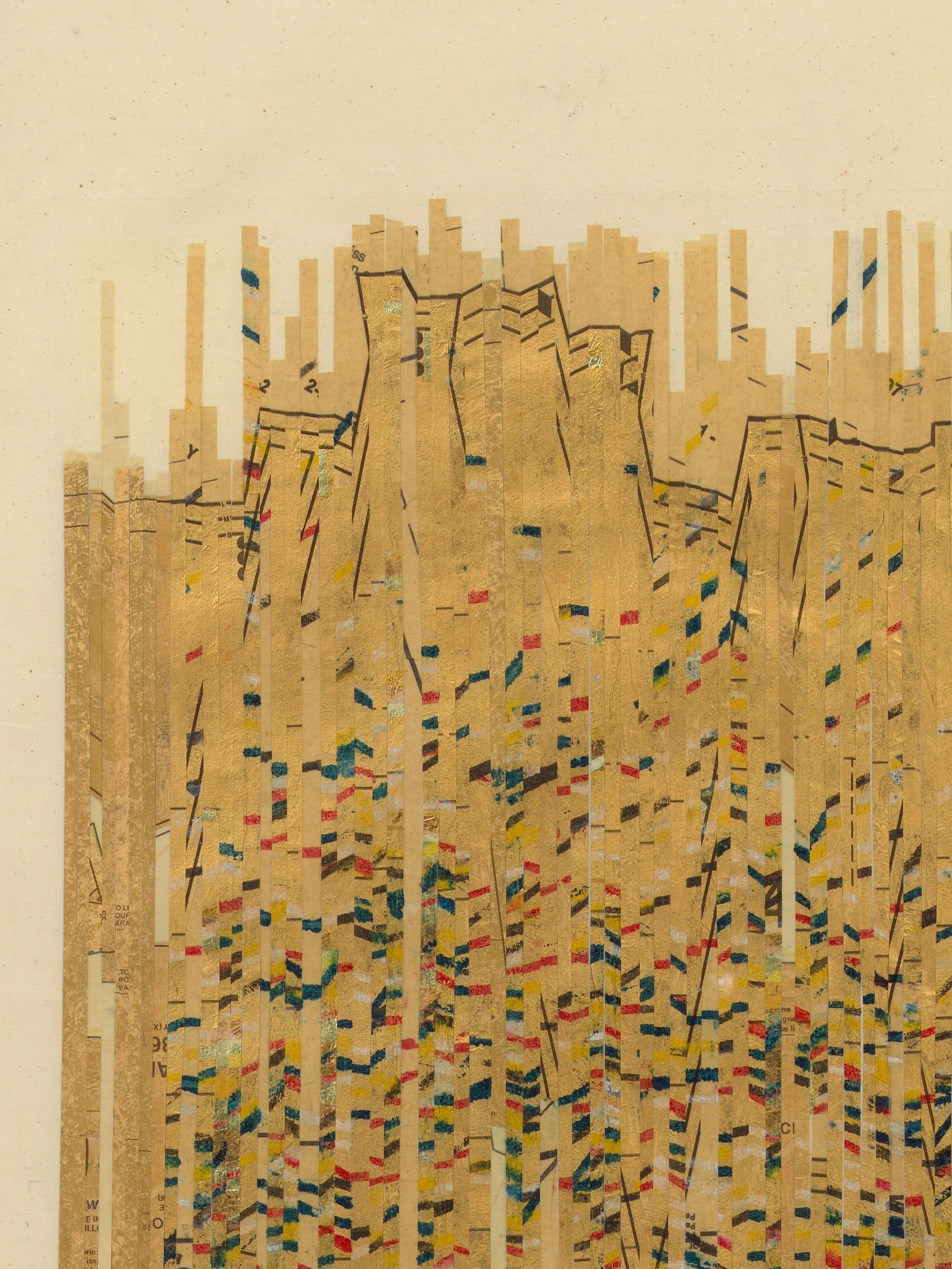 Detail view:  37th between 6th and 7th,  2022, pattern paper, mylar, gold leaf, and wax on unstretched muslin, 47.875 x 20.625 in (121.6 x 52.4 cm), 51.25 x 23.875 x 1.75 in framed (130.2 x 60.6 x 4.4 cm framed).