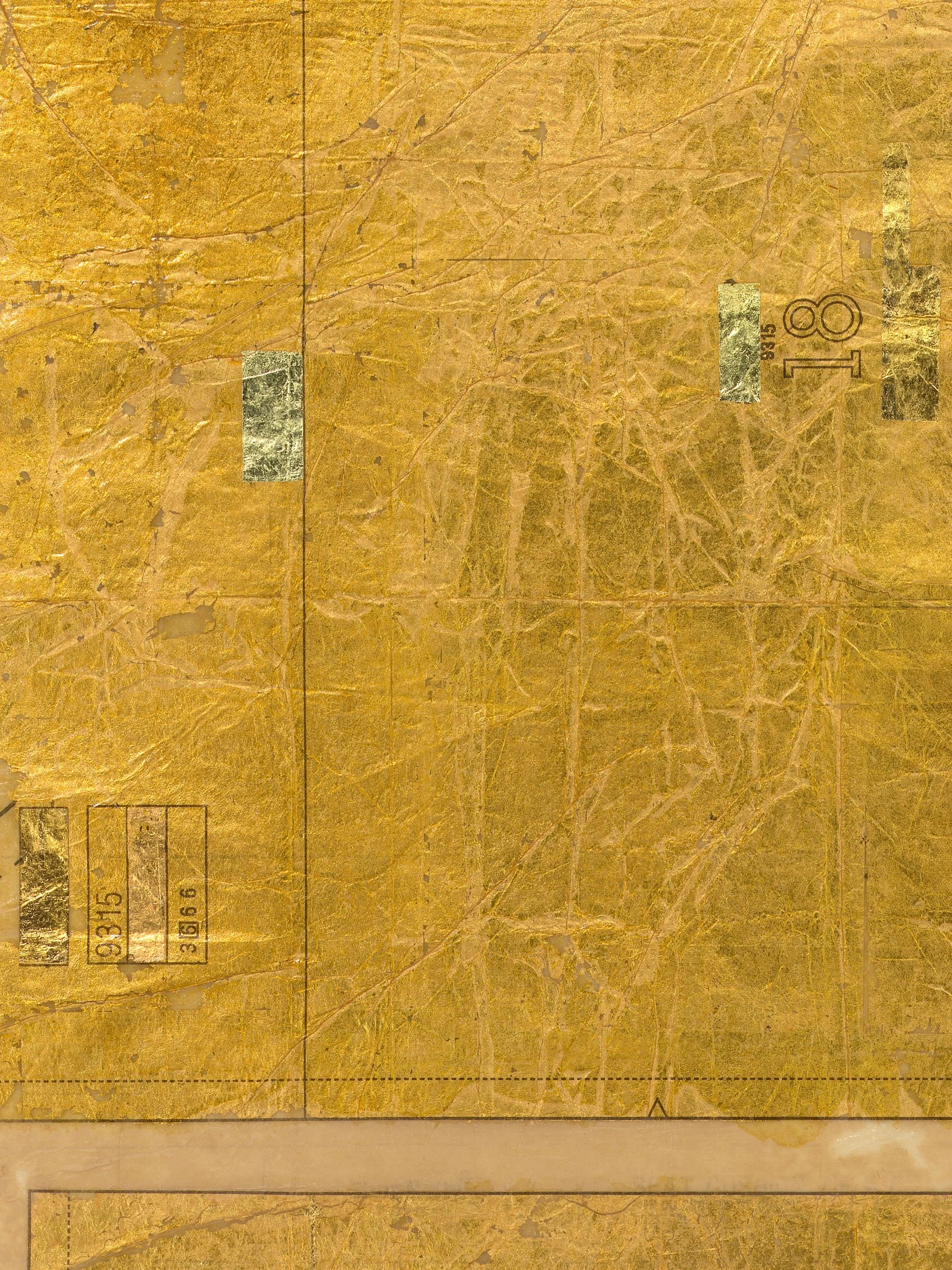 Detail view:  body and sol,  2022, gold leaf on pattern paper, 45.75 x 22.25 in (116.2 x 56.5 cm), 49.25 x 26.375 x 1.625 in framed (125.1 x 67 x 4.1 cm framed).