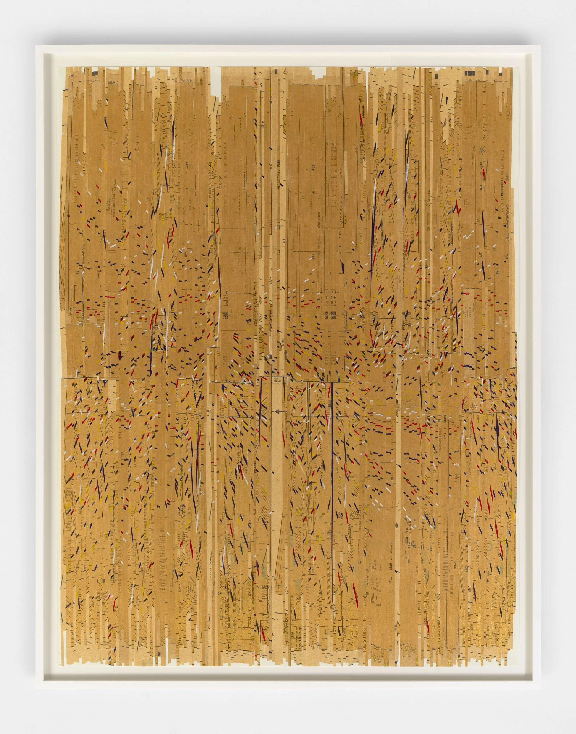  ch'ixi quipu (beginning again),  2022,
pattern paper, screen print, and gold leaf on
paper, 61.75 x 48.25 x 2 in framed (156.8 x 122.6 x 5.1 cm framed).