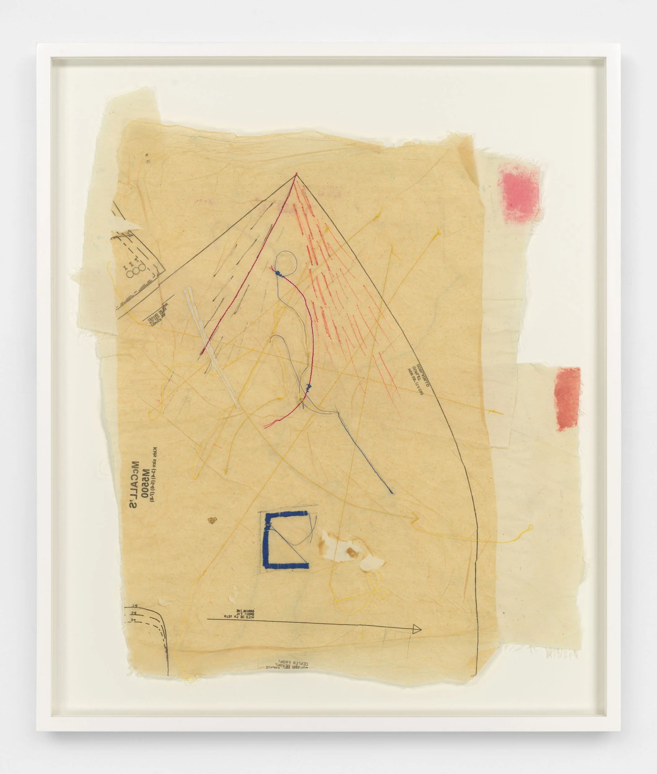  my mother's hand,  2017, pattern paper, thread, and wax on unstretched muslin,
21.5 x 19 in (54.6 x 48.3 cm), 24.125 x 20.5 x 1.625 in framed (61.3 x 52.1 x 4.1 cm framed).