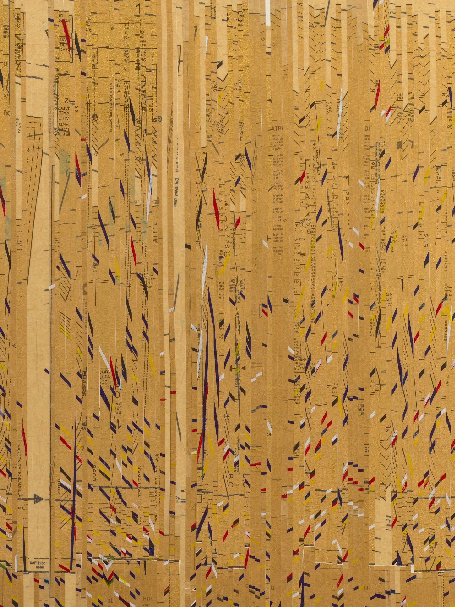 Detail view:  ch'ixi quipu (beginning again),  2022, pattern paper, screen print, and gold leaf on paper, 61.75 x 48.25 x 2 in framed (156.8 x 122.6 x 5.1 cm framed).