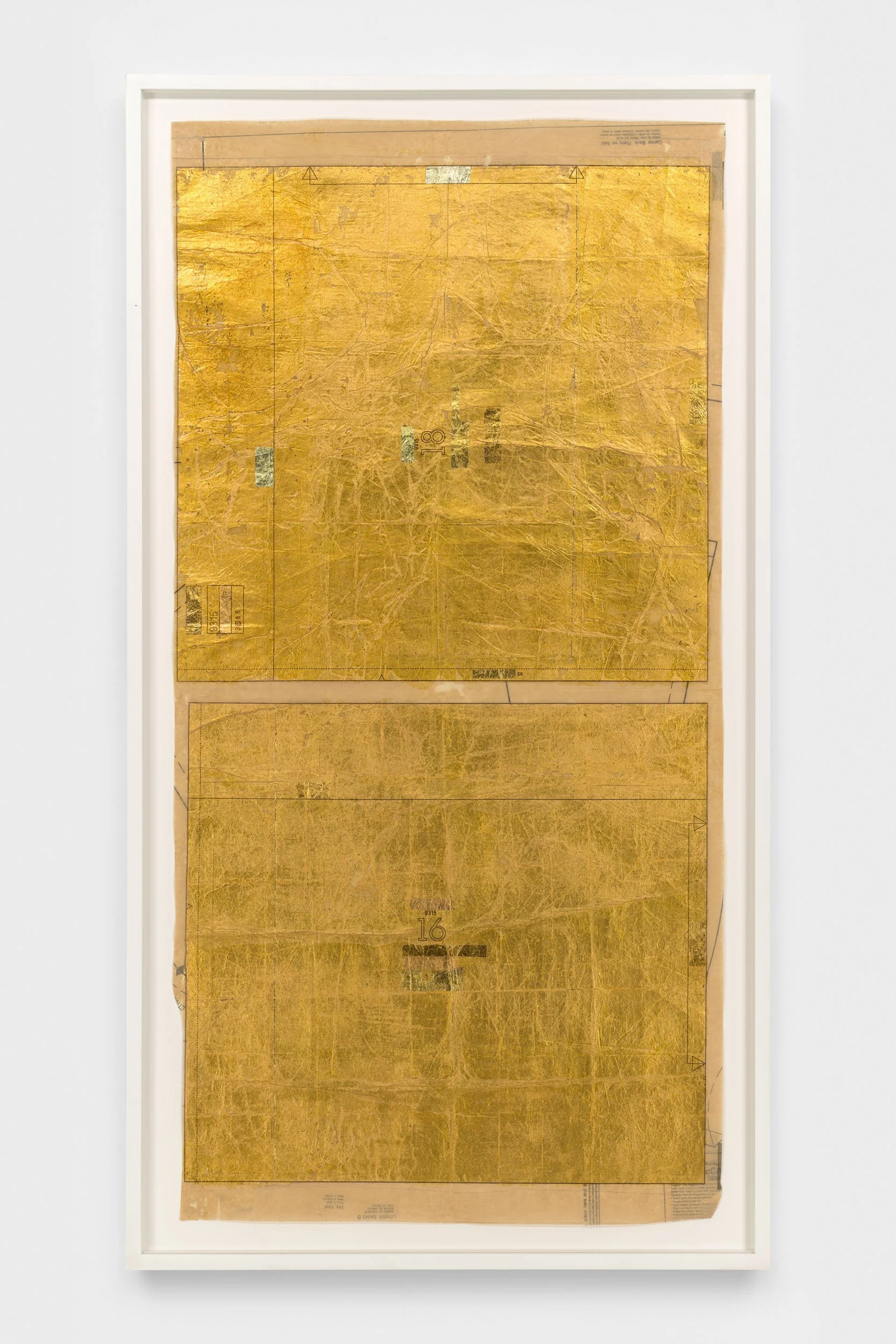  body and sol,  2022, gold leaf on pattern paper, 45.75 x 22.25 in (116.2 x 56.5 cm), 49.25 x 26.375 x 1.625 in framed (125.1 x 67 x 4.1 cm framed).
