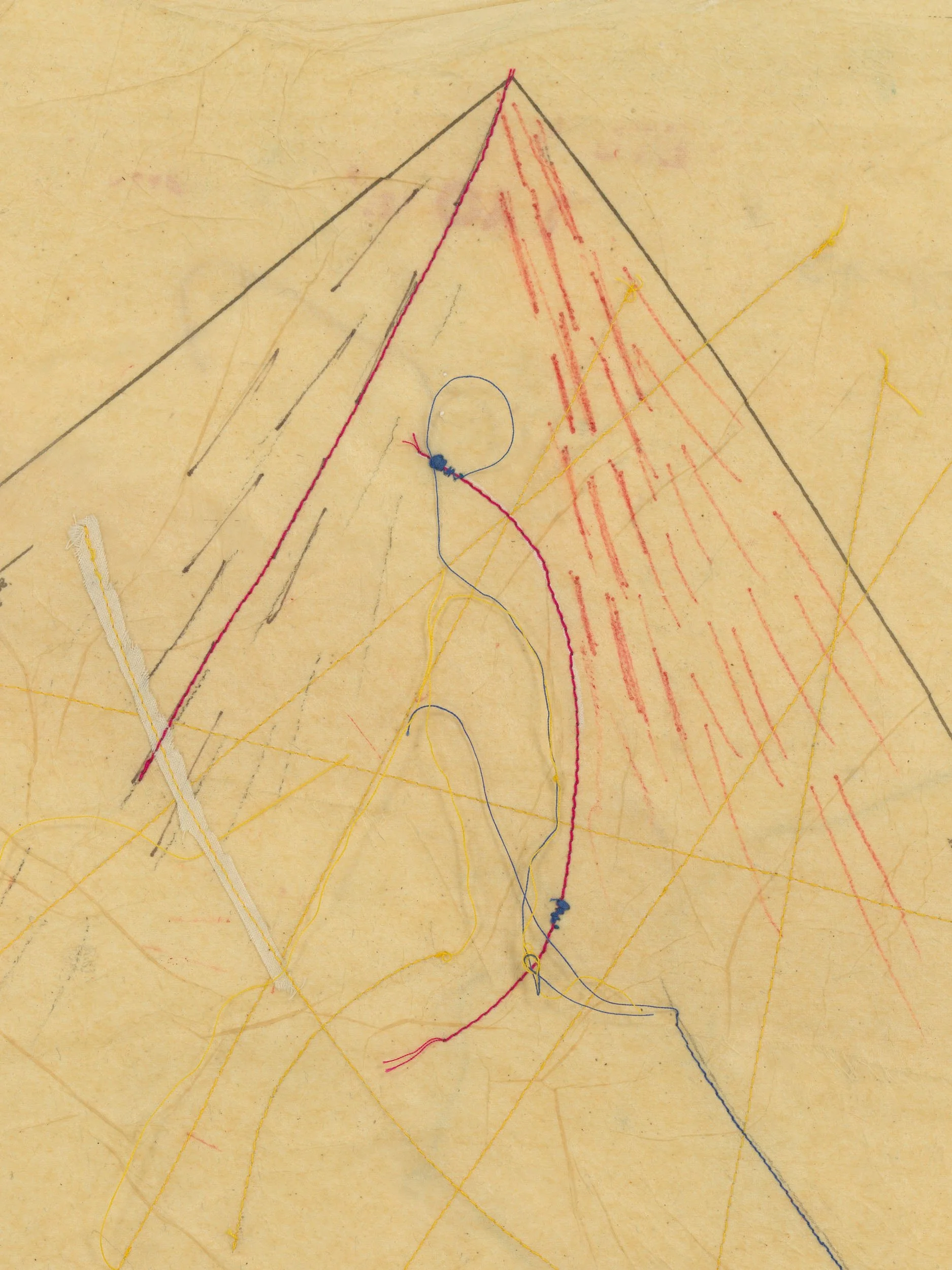 Detail view:  my mother's hand,  2017, pattern paper, thread, and wax on unstretched muslin, 21.5 x 19 in (54.6 x 48.3 cm), 24.125 x 20.5 x 1.625 in framed (61.3 x 52.1 x 4.1 cm framed).