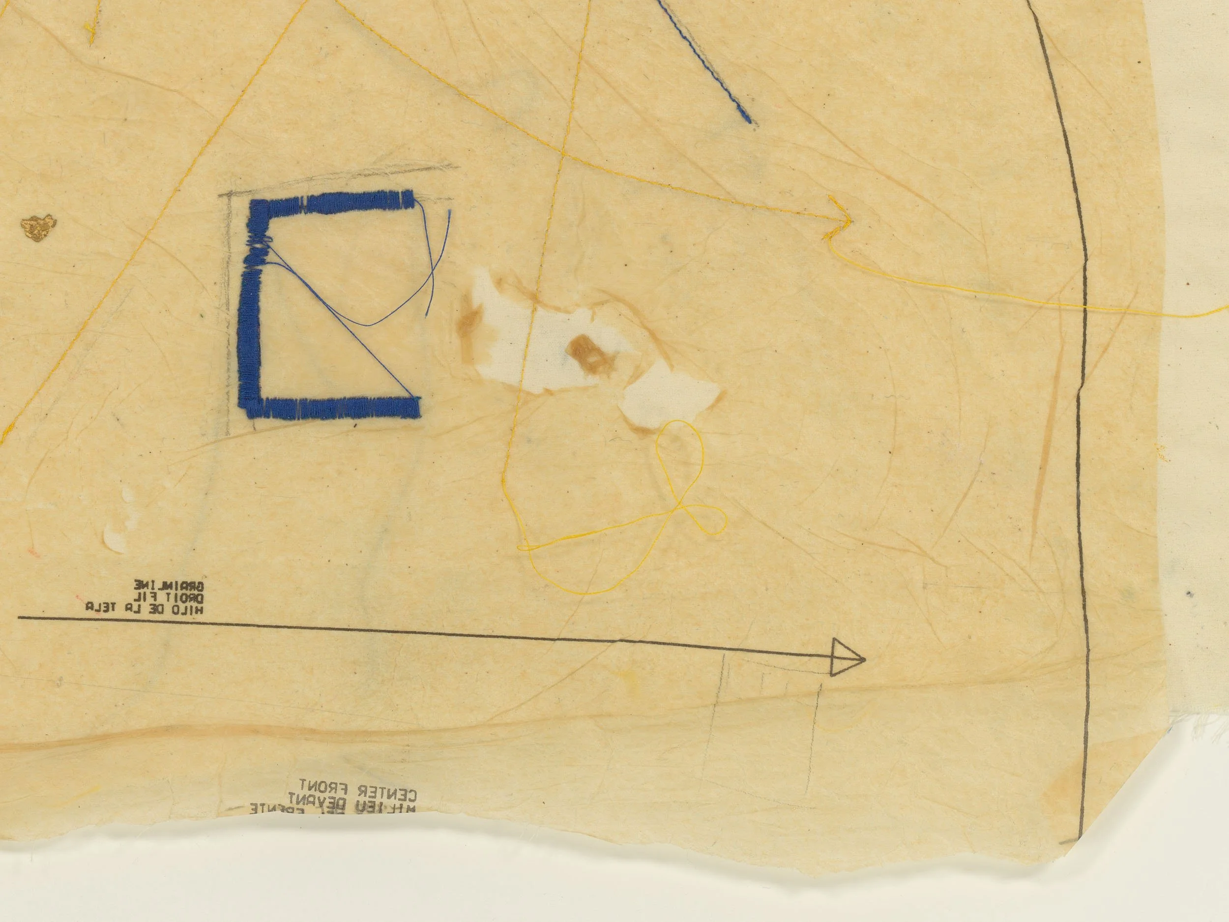 Detail view:  my mother's hand,  2017, pattern paper, thread, and wax on unstretched muslin, 21.5 x 19 in (54.6 x 48.3 cm), 24.125 x 20.5 x 1.625 in framed (61.3 x 52.1 x 4.1 cm framed).