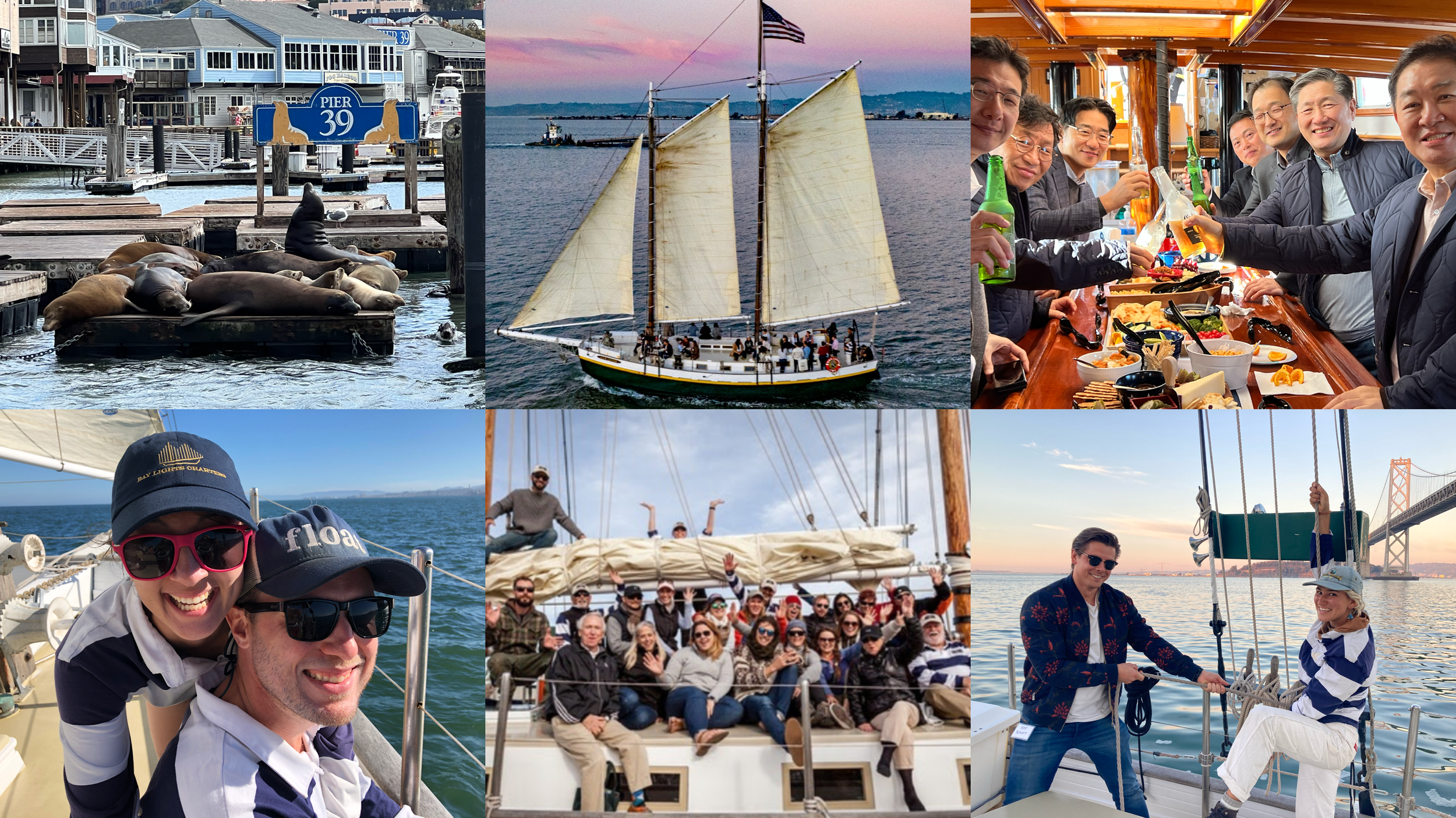 Bay Lights Charters sailing experiences, with guests dining, relaxing on deck, and sightseeing on San Francisco Bay.
