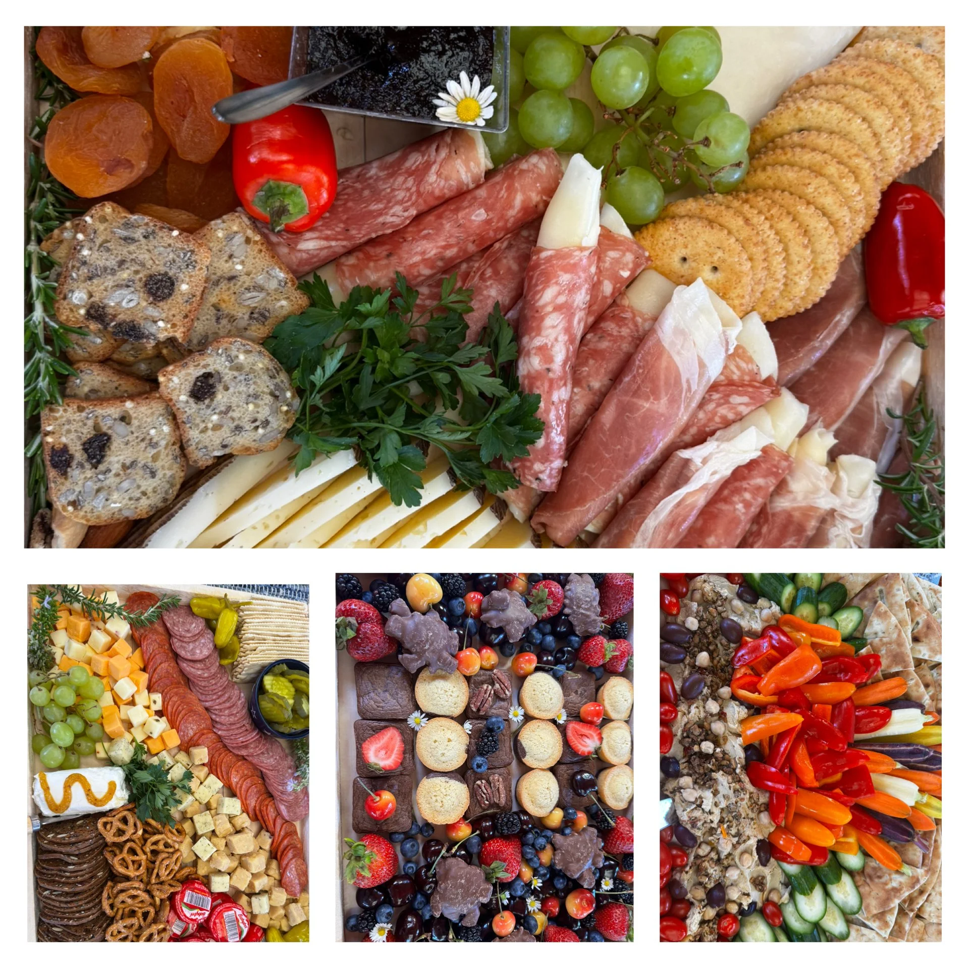 Cheese and Charcuterie - A selection of at least 5 kinds of cheese with a variety of sliced cured meats and salami such as sweet soppressata, prosciutto, pepperoni. There are a variety of soft and hard cheese options such a Brie, Havarti, Gouda, Mozz