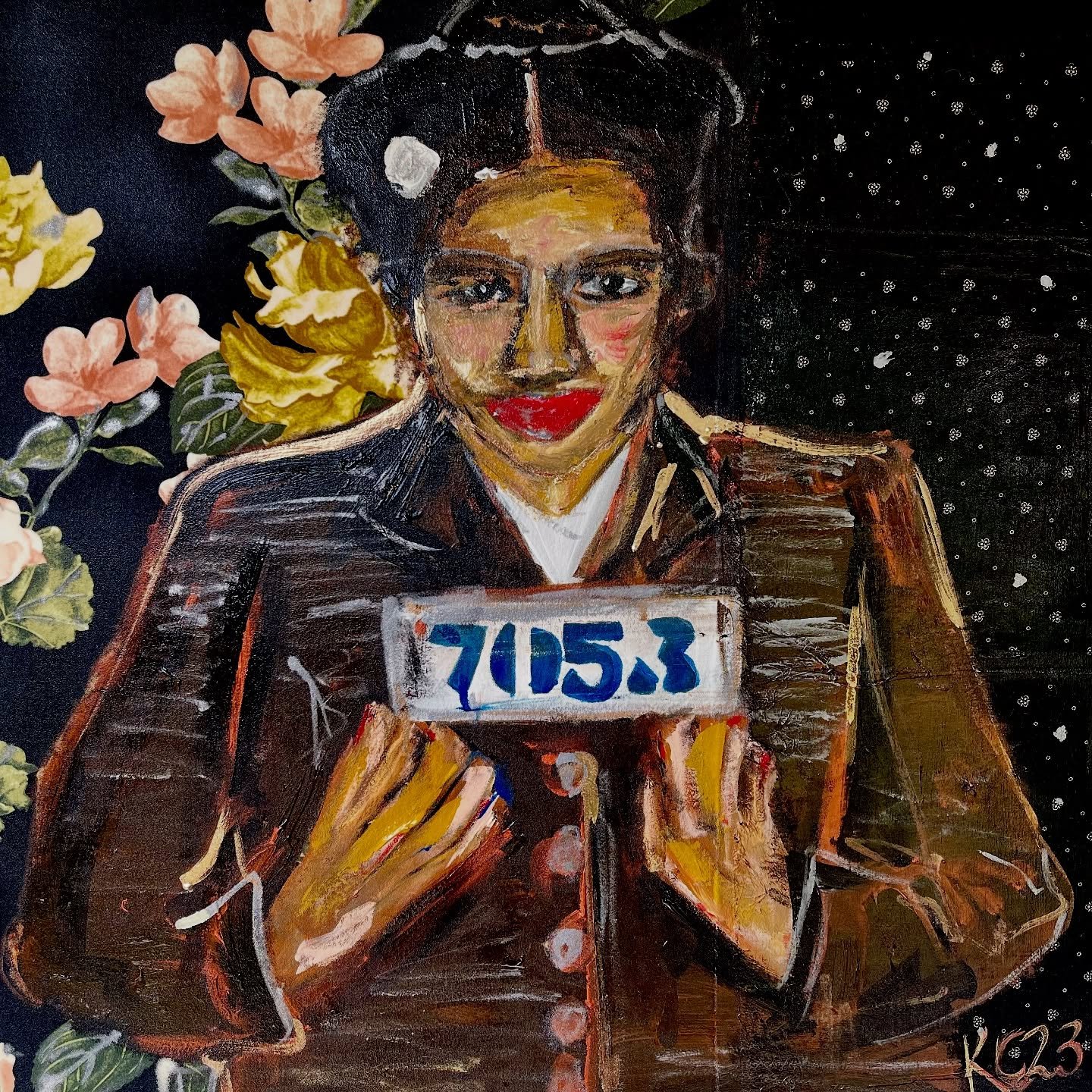 &ldquo;Rosa&rdquo;
24 x 24 in. 
Mixed media 
NFS (Sold)

12/1/55, 6:06 p.m. Rosa was arrested. She said, &ldquo;I felt that, if I did stand up, it meant that I approved of the way I was being treated, and I did not approve.&rdquo;