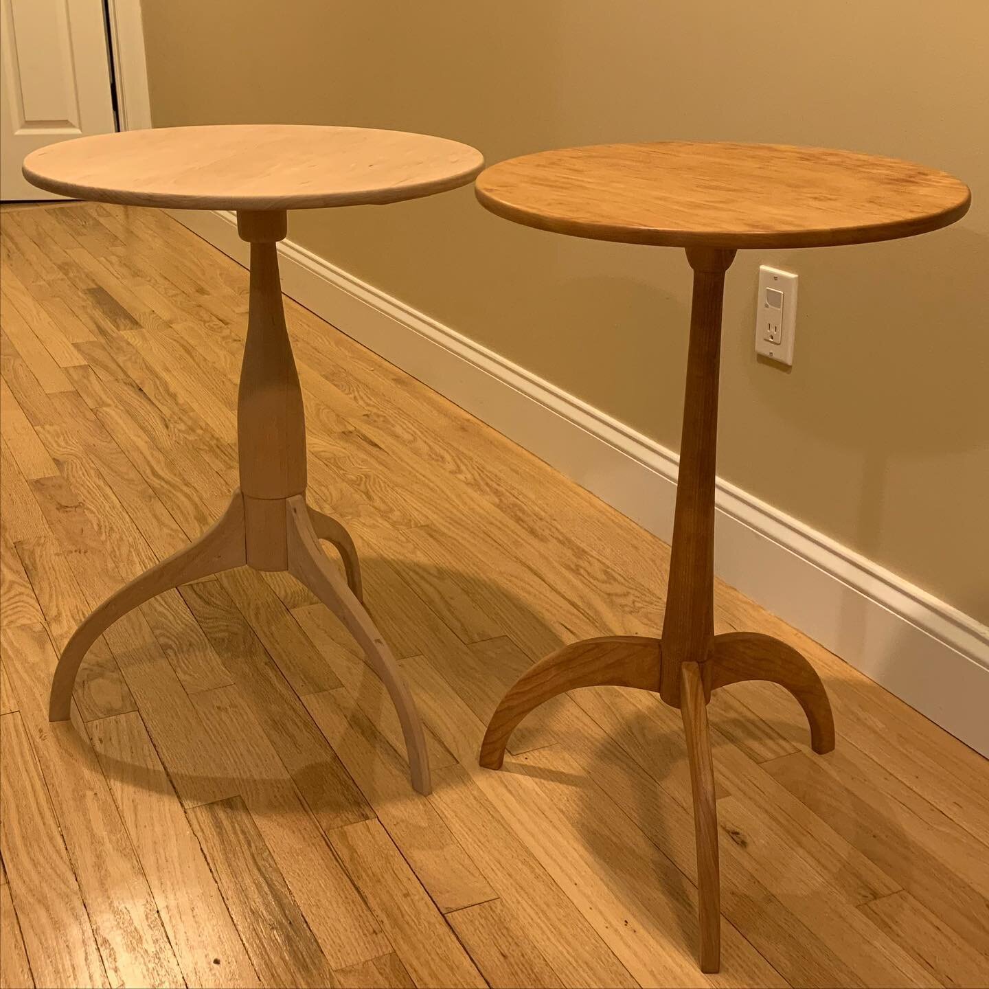 Just completed (aside from applying finish) the second Shaker side table.  It has a 2&rdquo; wider top (18&rdquo;), a stouter, wine bottle shaped post, and longer, curvier legs. Two classic designs though I seem to like the slender-bodied version a b