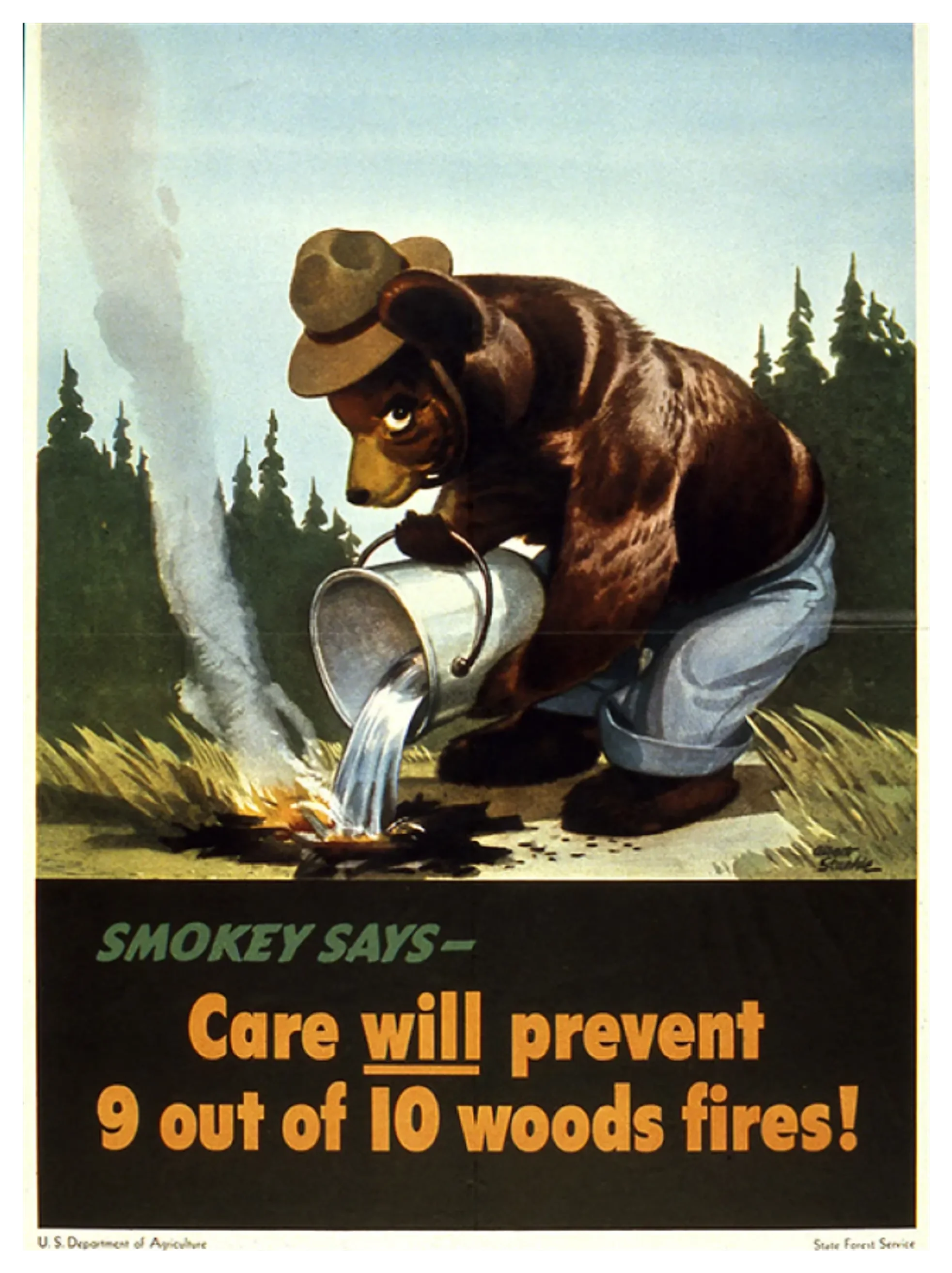 1944 Smokey Bear ad featuring Smokey pouring water on a fire