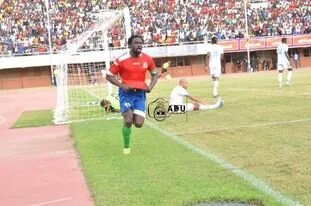 Pa Modou Jagne celebrating after scoring a goal  during the scorpions successful AFCON qualifying campaign
