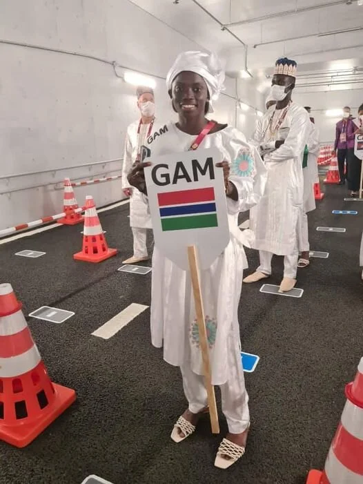 Gambia’s flagbearer Gina Bass at opening ceremony of Tokyo 2020 Olympic Games. PC: GNOC fb page