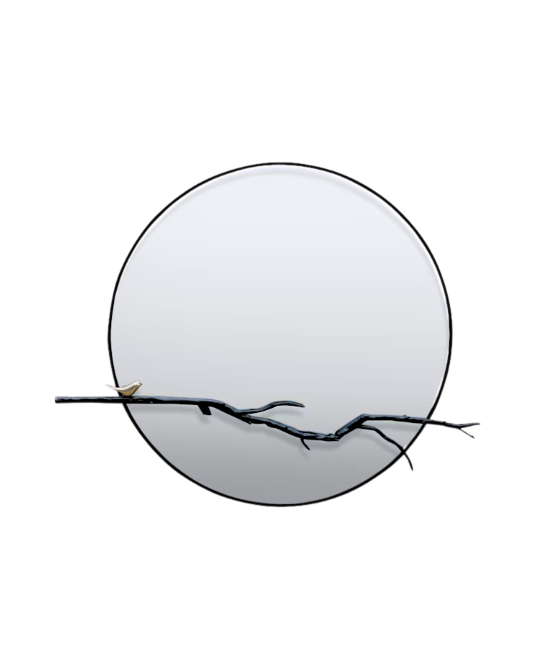 Large Black Bird Branch Round Metal Mirror