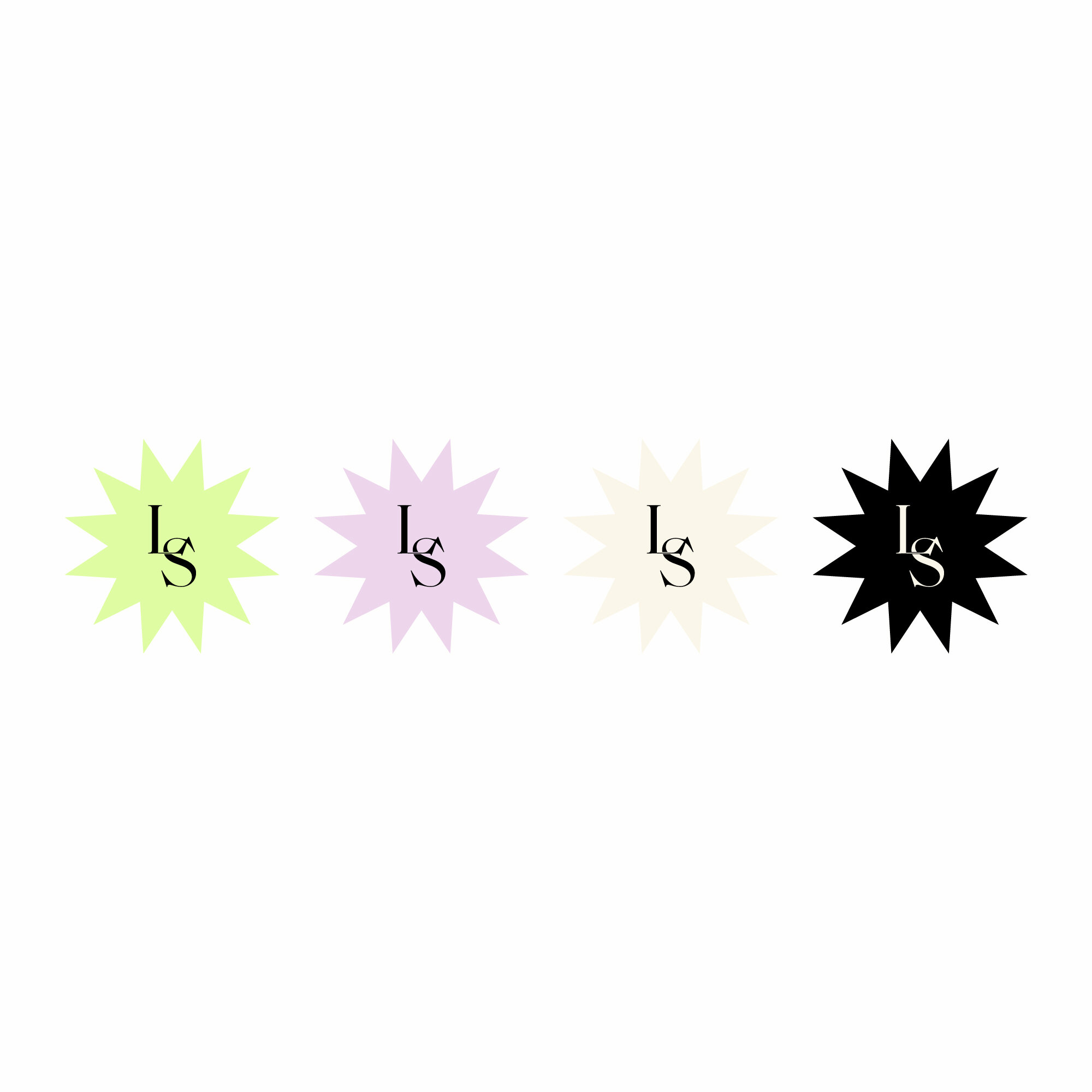 Four coloured Lujo Studios brand marks with the letters LS each in a starburst shape