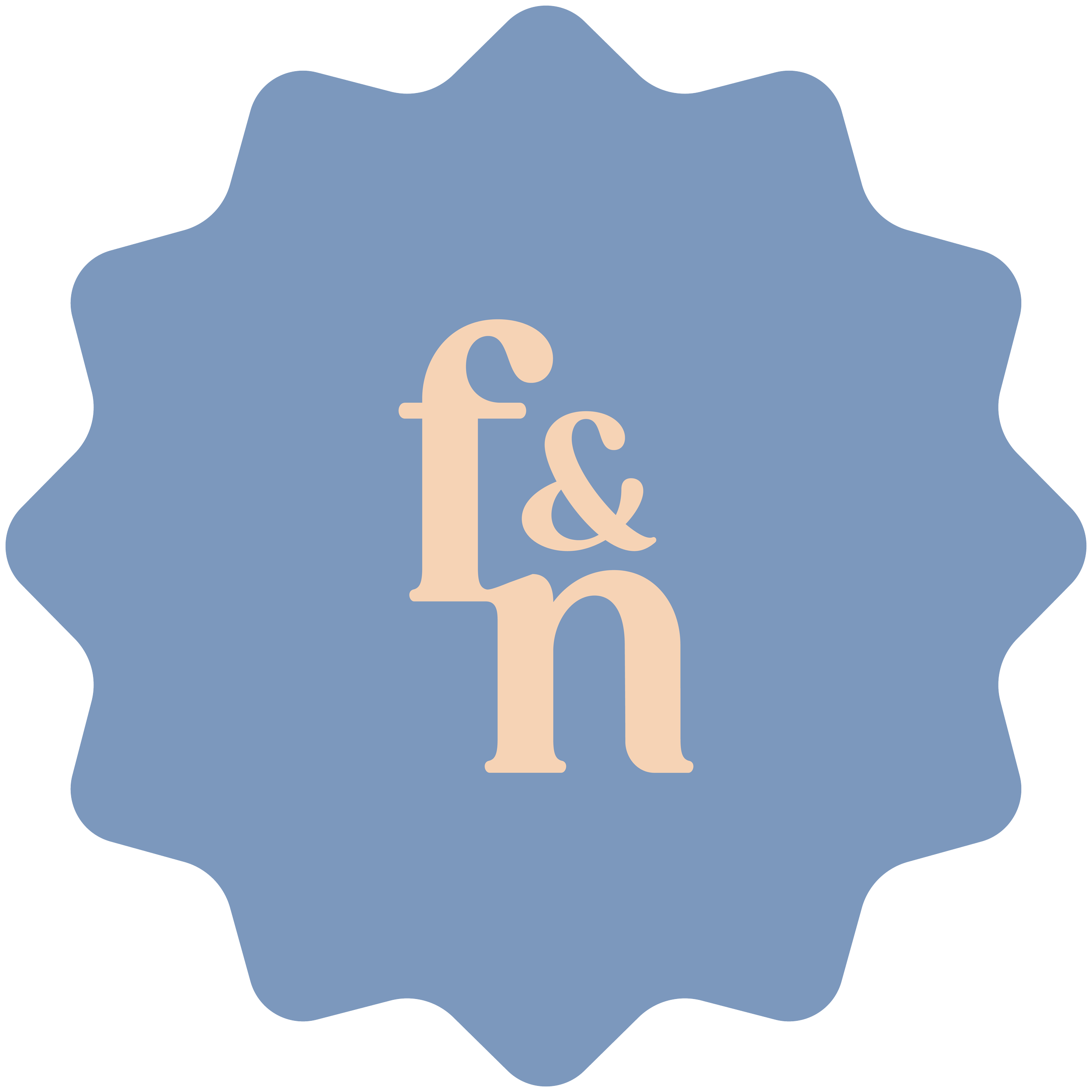 f & n monogram in peach colour on blue starburst background