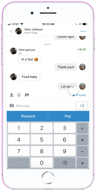The chat feature encourages users to extend their social interaction beyond the completion of a payment, in the context of a one-on-one conversation.