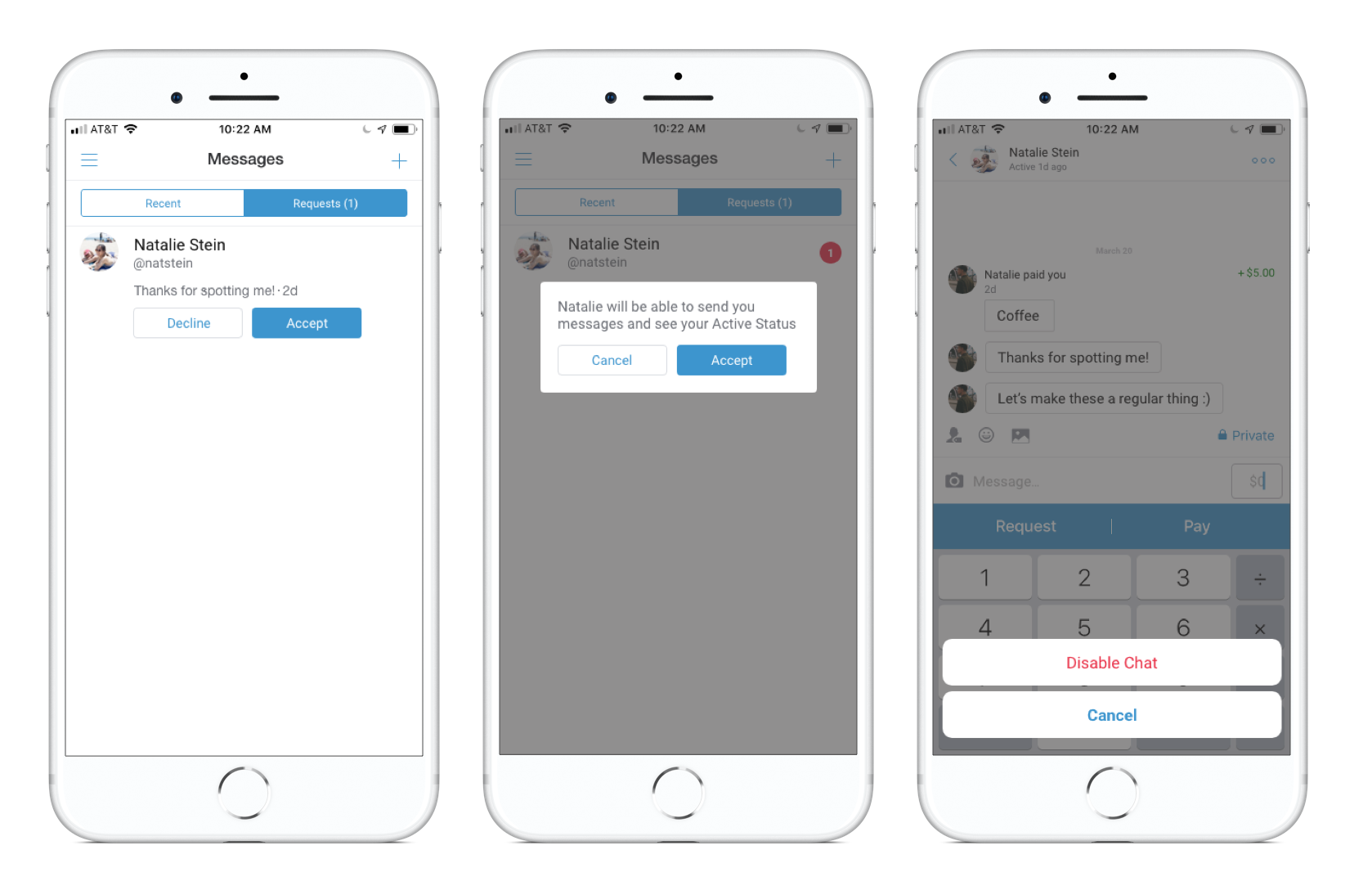 Users would have to accept messages from people they had never interacted with before. They would also have the ability to disable the chat feature, but still make and receive transactions with the other person.