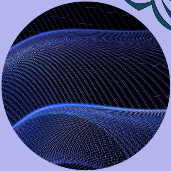 Abstract graphic design featuring blue and black grid-like wave patterns on a purple circular background.