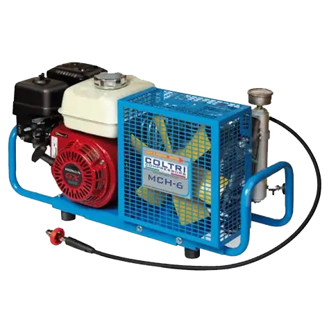 Portable air compressor with a blue metal cage, a red engine, and a black handle and hoses.