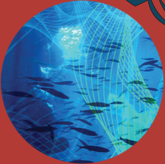 Digital globe over an underwater scene with fish, blue water, and a grid overlay, all within a circular frame.