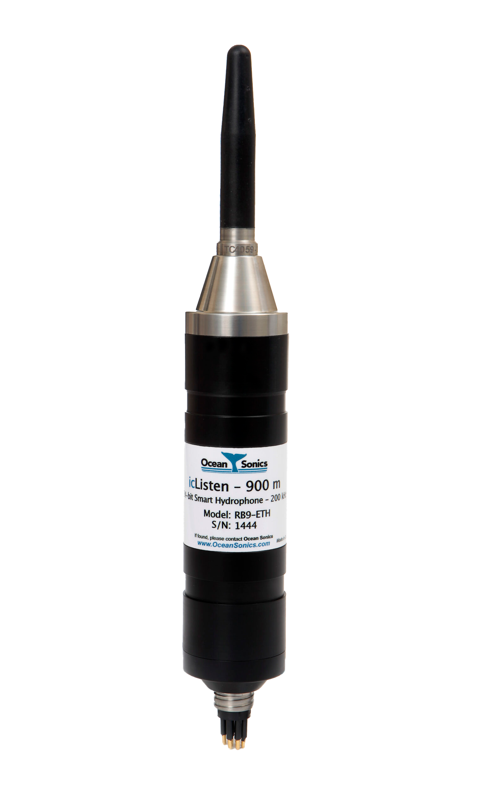 A black and silver hydrophone with a label indicating it is an Ocean Sonics icListen model capable of 900 meters depth, used for underwater audio recording.