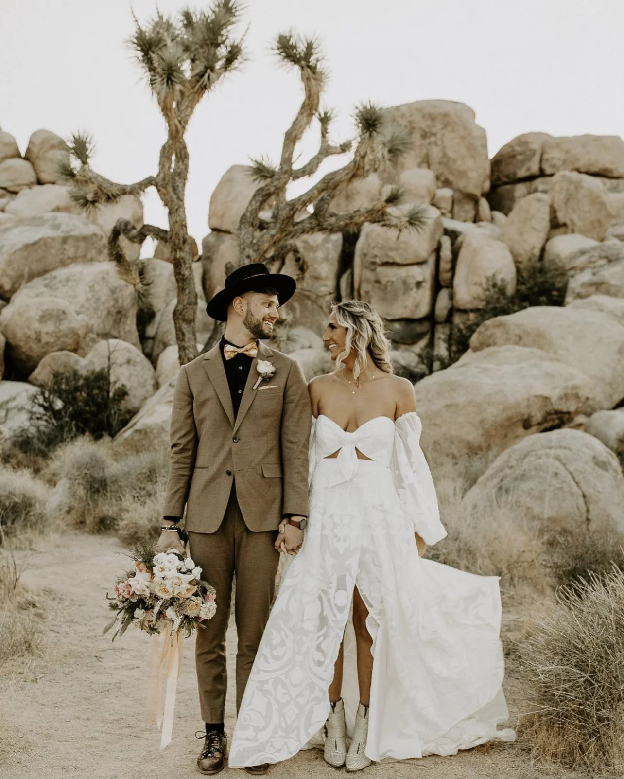 Elopement Bride and groom in Joshua Tree wedding makeup artist and hairstyling inside the National Park