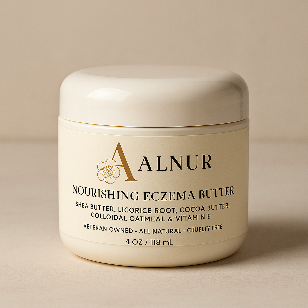 A white jar of Alnur Nourishing Eczema Butter with a white lid on a beige surface against a neutral background.