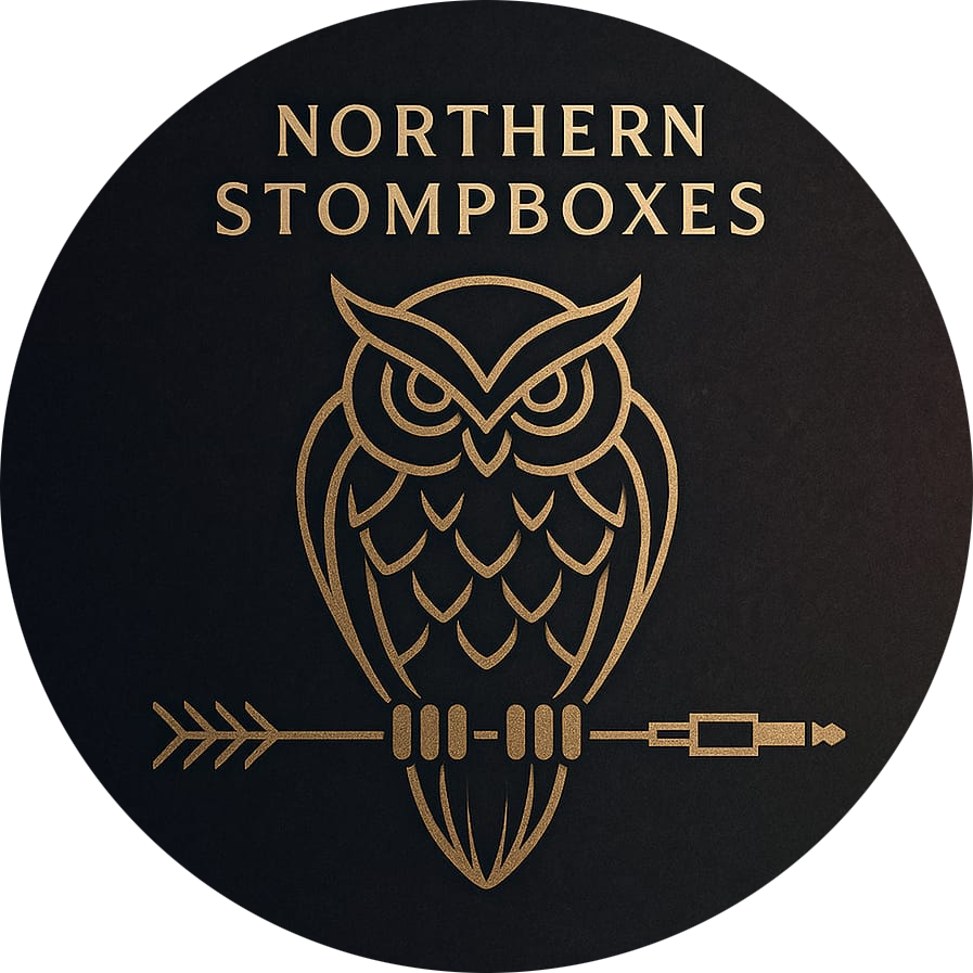 Northern Stompboxes logo featuring a gold owl perched on an arrow against a black background