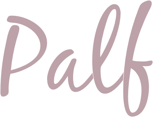 Stylized mauve script lettering spelling “palf” on a transparent background