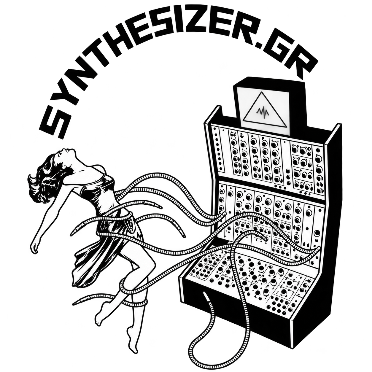 Black-and-white illustration of a woman entangled in cables beside a large electronic control panel with a high-voltage warning sign
