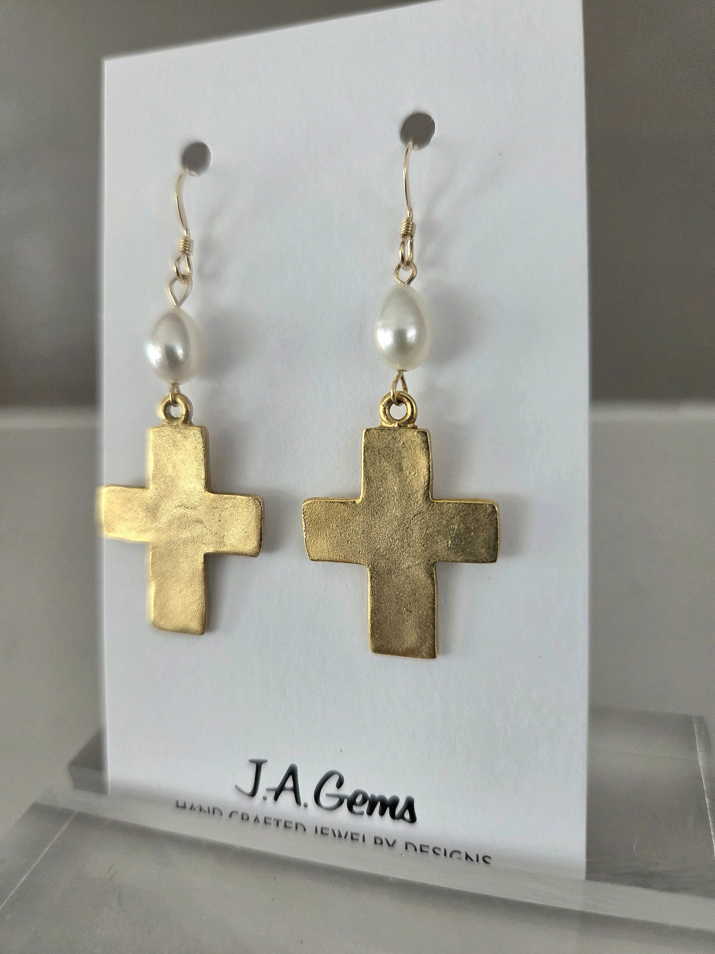 Brushed gold  Crosses with Lustrous white Pearls