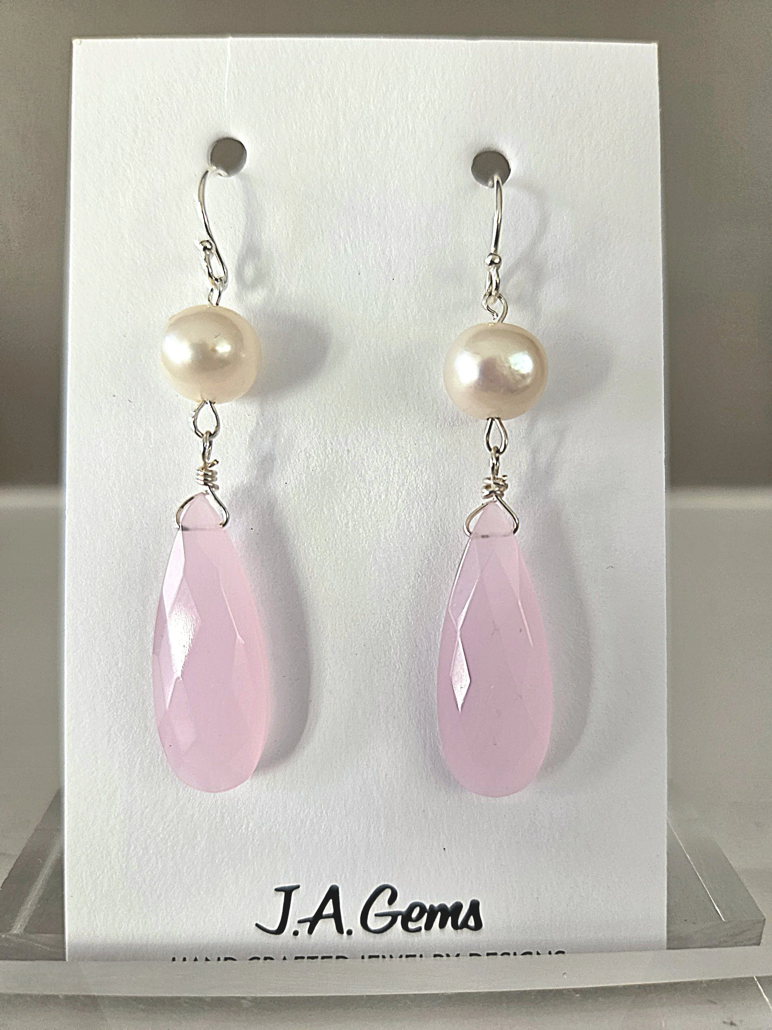Large Oval Pink Chalcedony with 10mm Pearls and Sterling Silver