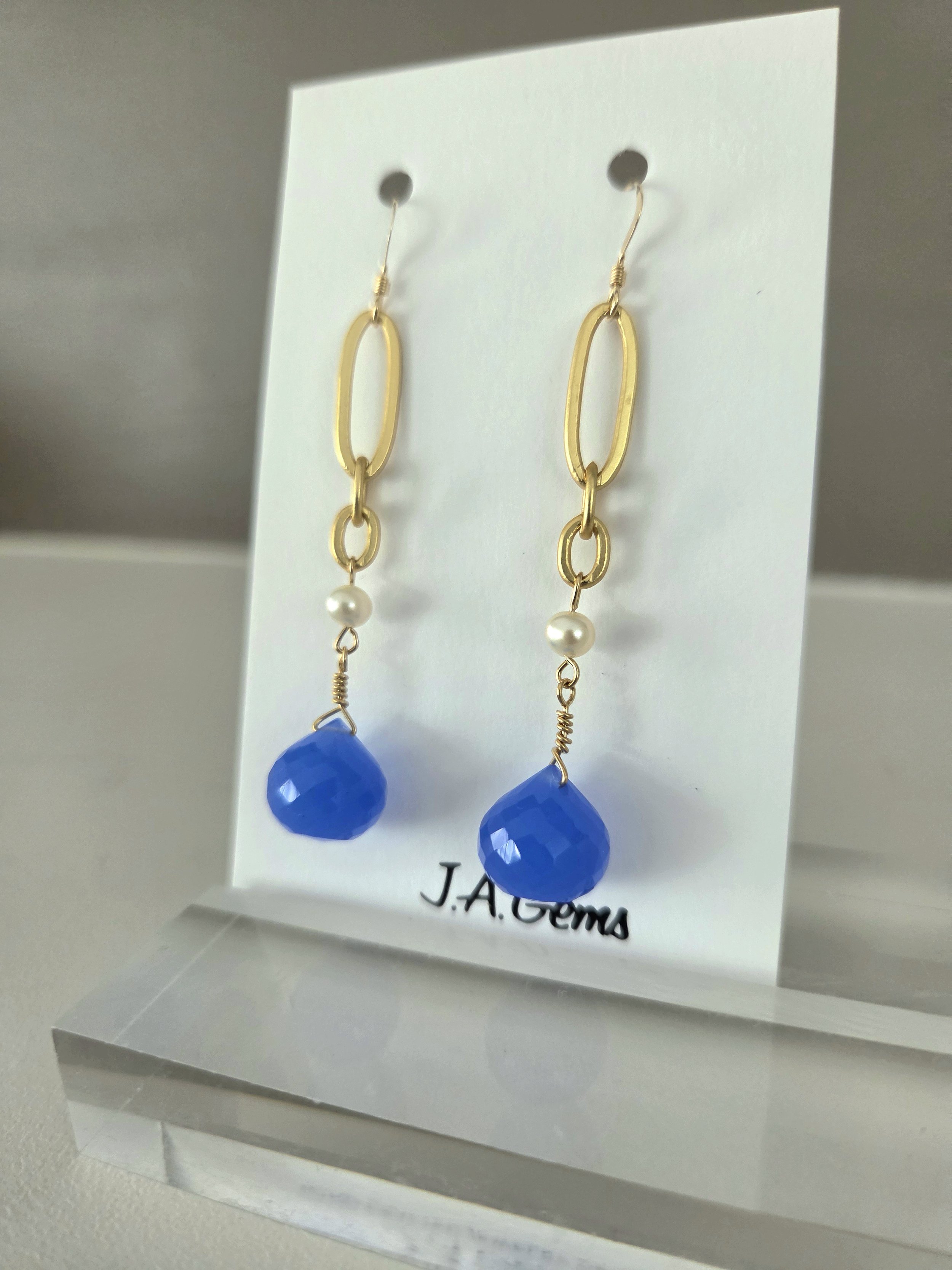 Blue Chalcedony Teardrop with Pearls on gold chain